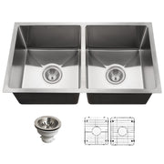 Houzer Nouvelle 31" Stainless Steel Undermount 50/50 Double Bowl Kitchen Sink with Strainer & Grid