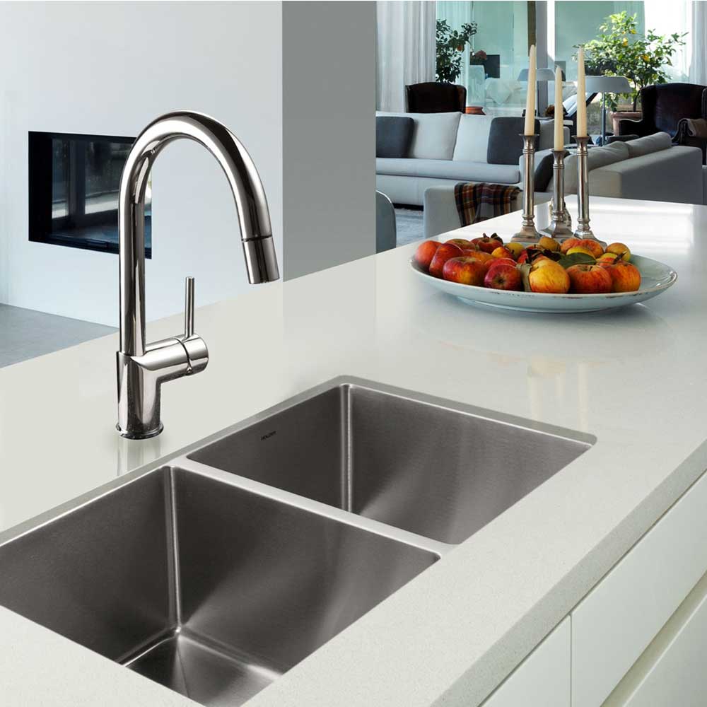 Houzer Nouvelle 31" Stainless Steel Undermount 50/50 Double Bowl Kitchen Sink with Strainer & Grid