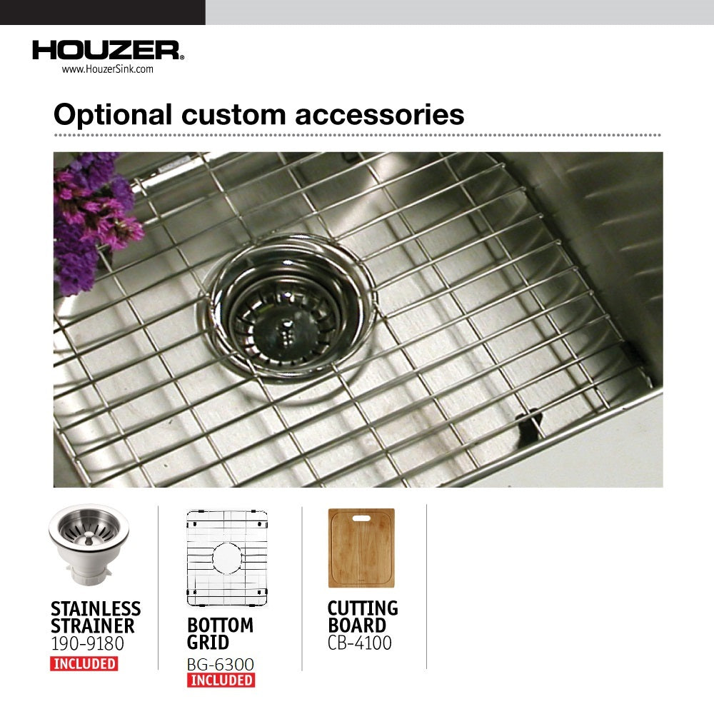 Houzer Nouvelle 31" Stainless Steel Undermount 50/50 Double Bowl Kitchen Sink with Strainer & Grid