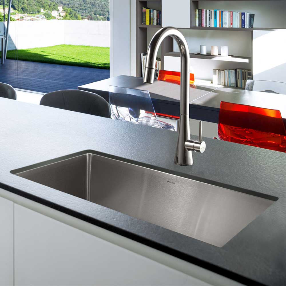 Houzer Nouvelle 31 inch Stainless Steel Undermount Single Bowl Kitchen Sink with Strainer & Grid - NOG-4150-1