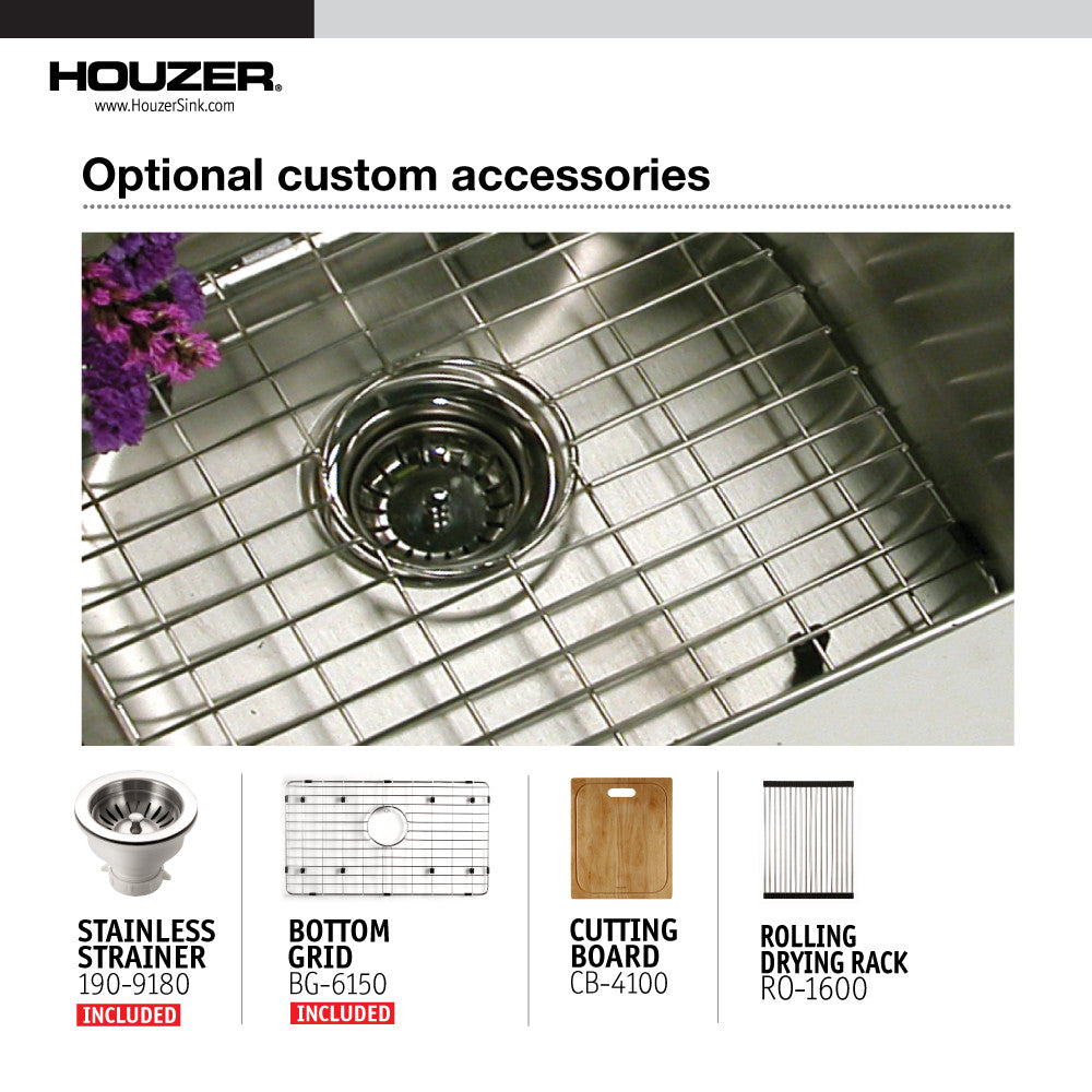 Houzer Nouvelle 31 inch Stainless Steel Undermount Single Bowl Kitchen Sink with Strainer & Grid - NOG-4150-1