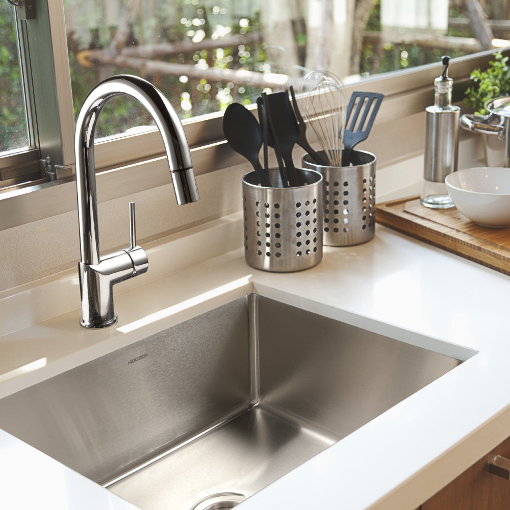 Houzer Nouvelle 23" Stainless Steel Undermount Single Bowl Kitchen Sink with Strainer & Grid