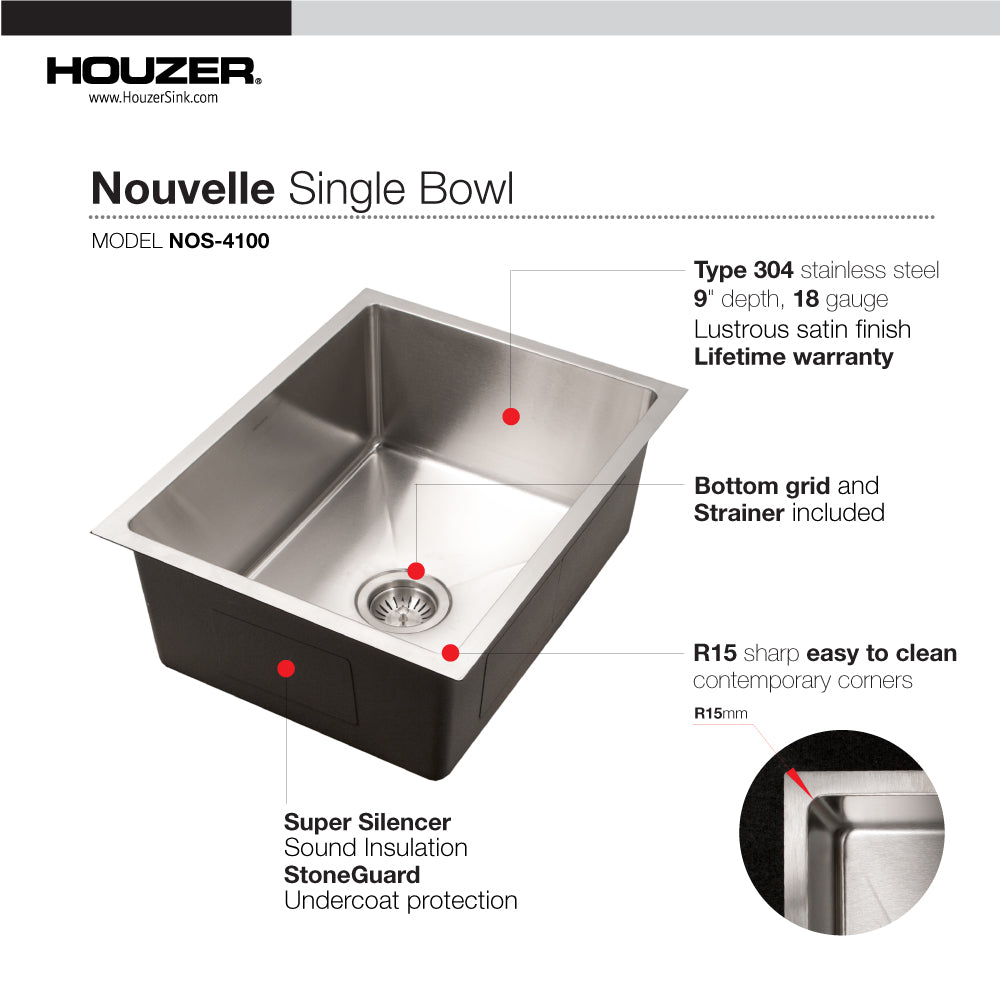 Houzer Nouvelle 23" Stainless Steel Undermount Single Bowl Kitchen Sink with Strainer & Grid