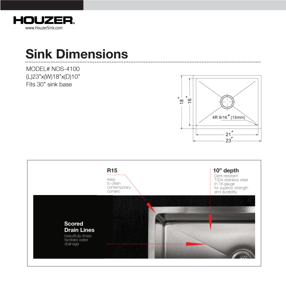 Houzer Nouvelle 23" Stainless Steel Undermount Single Bowl Kitchen Sink with Strainer & Grid