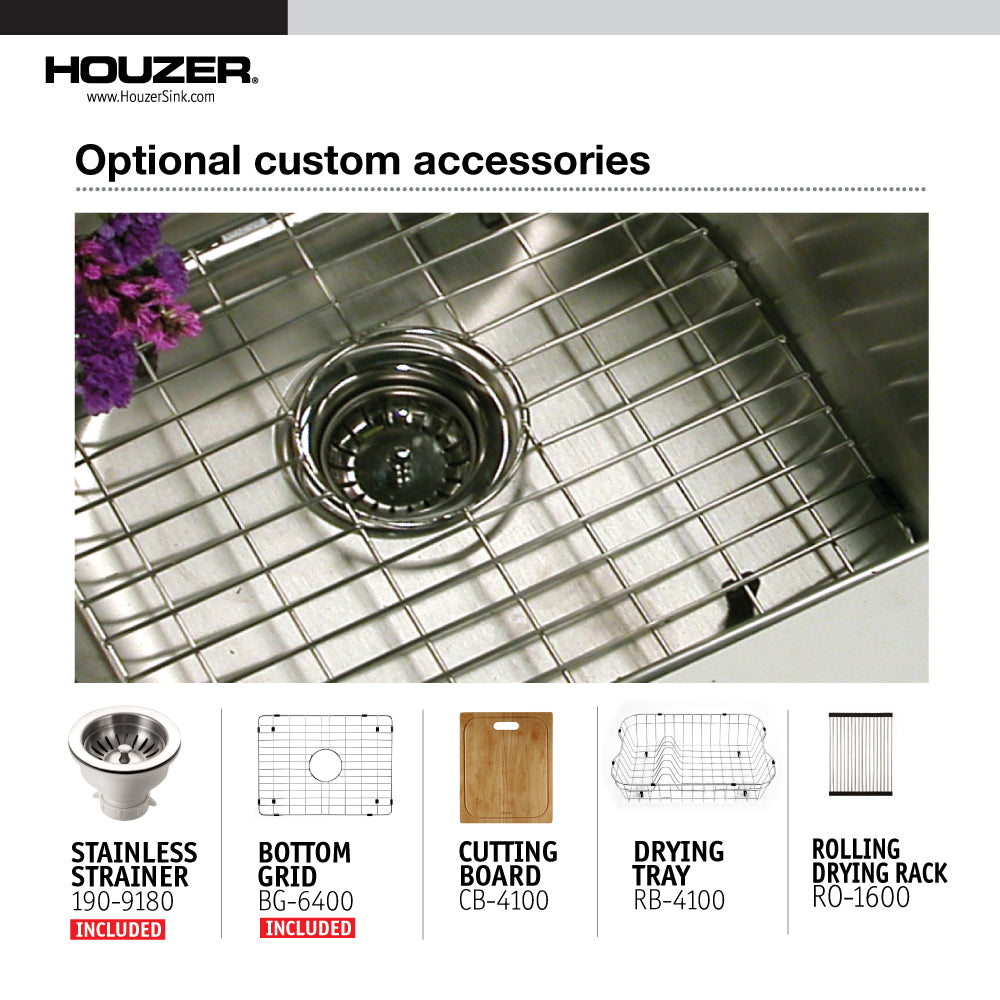 Houzer Nouvelle 23" Stainless Steel Undermount Single Bowl Kitchen Sink with Strainer & Grid