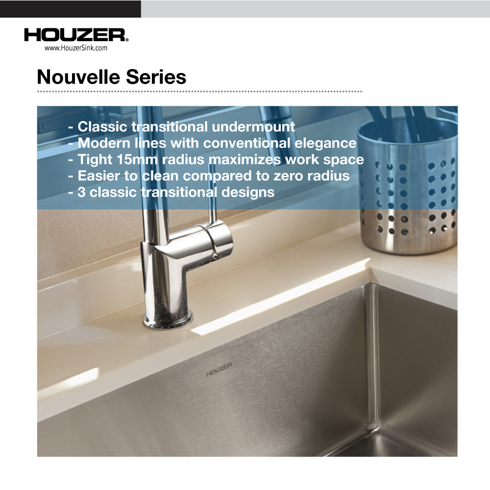 Houzer Nouvelle 23" Stainless Steel Undermount Single Bowl Kitchen Sink with Strainer & Grid