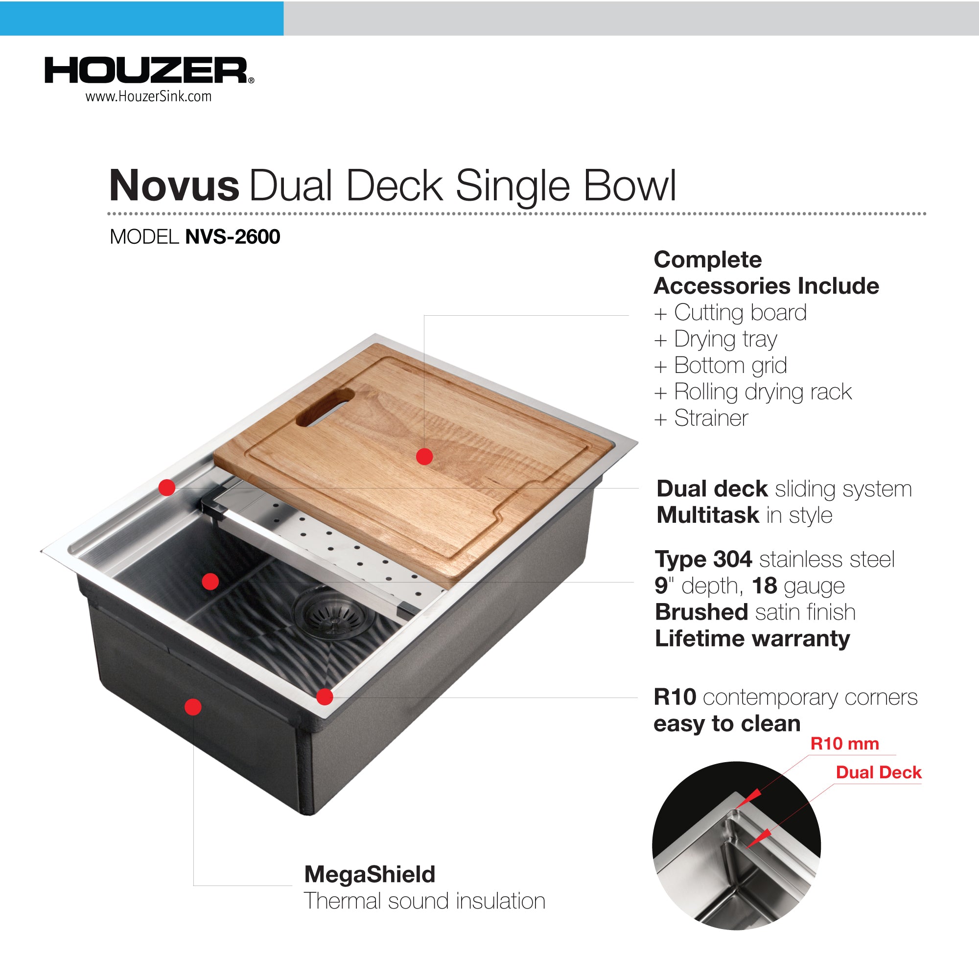 Houzer 26" Novus 18 Gauge Stainless Steel Undermount Dual Platform Workstation Kitchen Sink with Accessories