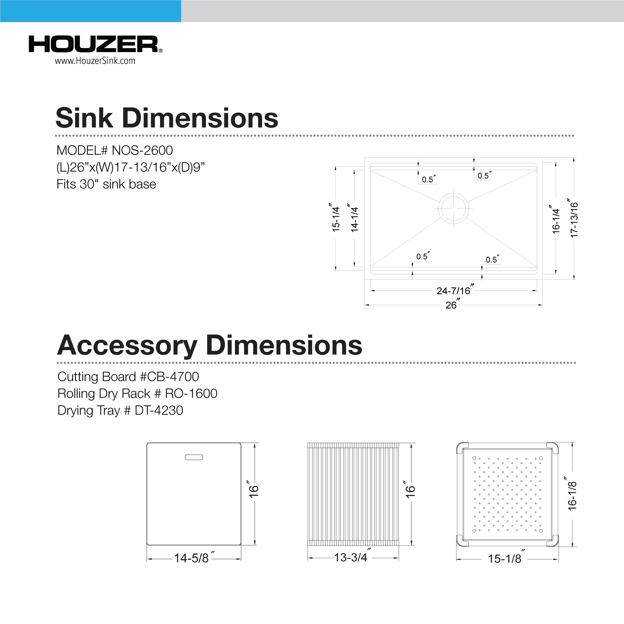 Houzer 26" Novus 18 Gauge Stainless Steel Undermount Dual Platform Workstation Kitchen Sink with Accessories