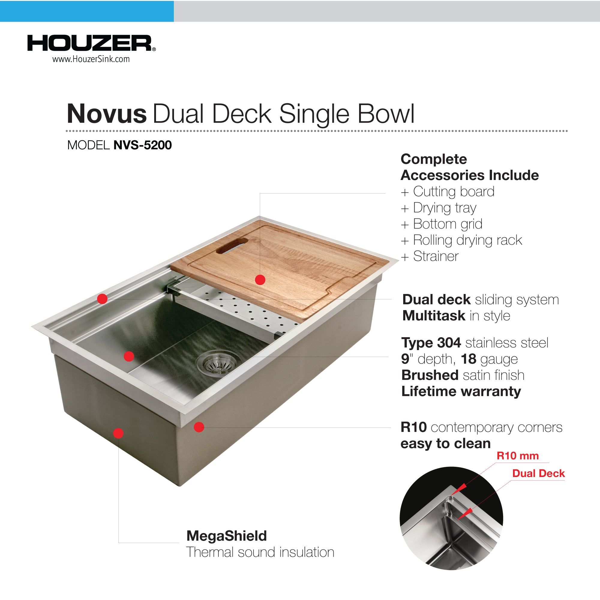 Houzer 32" Novus 18 Gauge Stainless Steel Undermount Dual Platform Workstation Kitchen Sink with Accessories