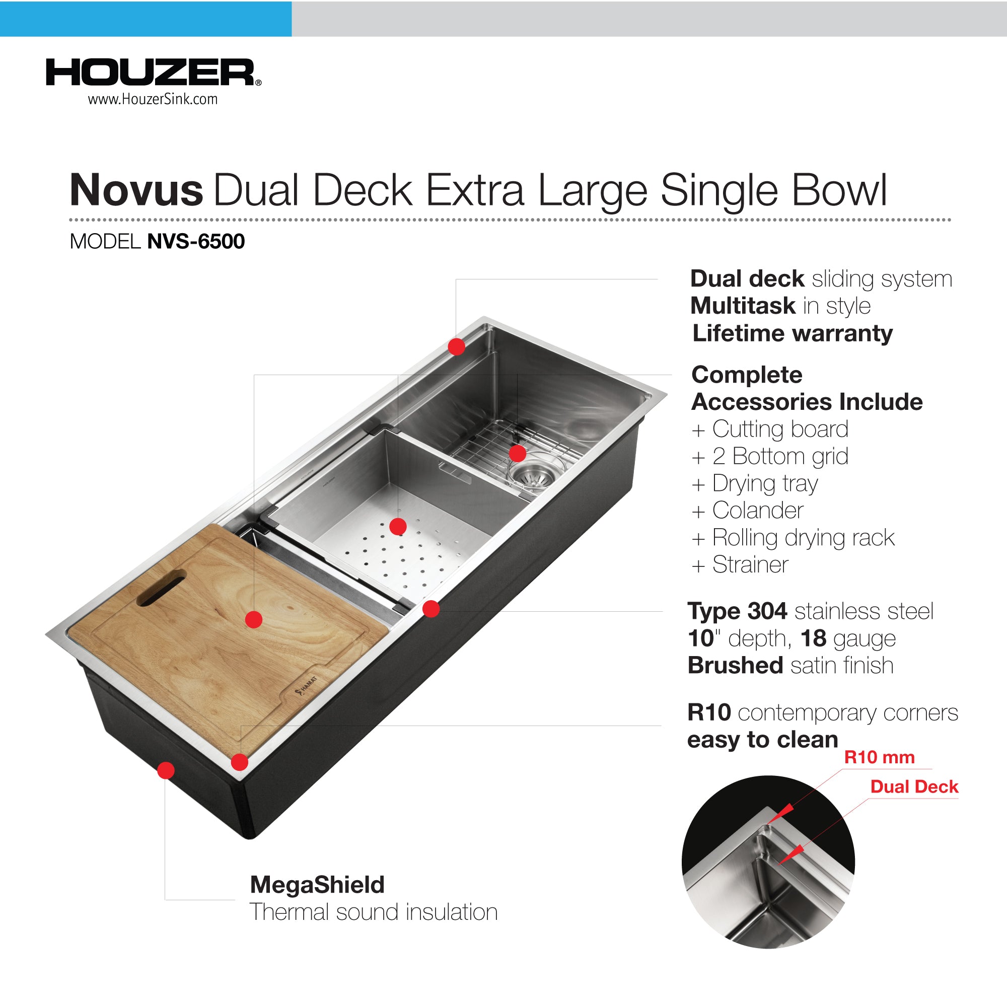 Houzer 45" Novus 18 Gauge Stainless Steel Undermount Dual Platform Workstation Single Bowl Kitchen Sink with Accessories