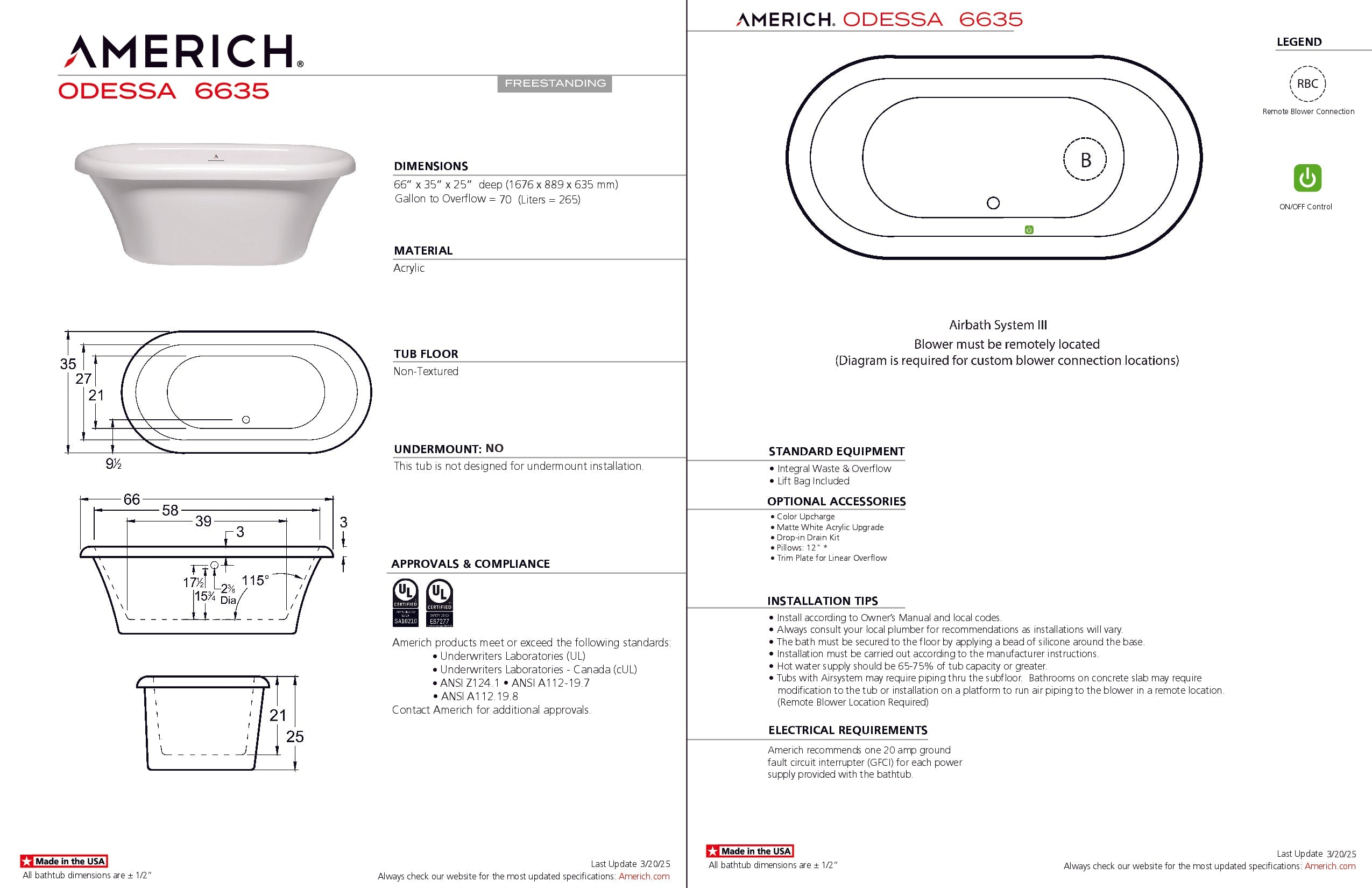 Americh Odessa 6635 - Tub Only Freestanding Bathtub OD6635T-WH