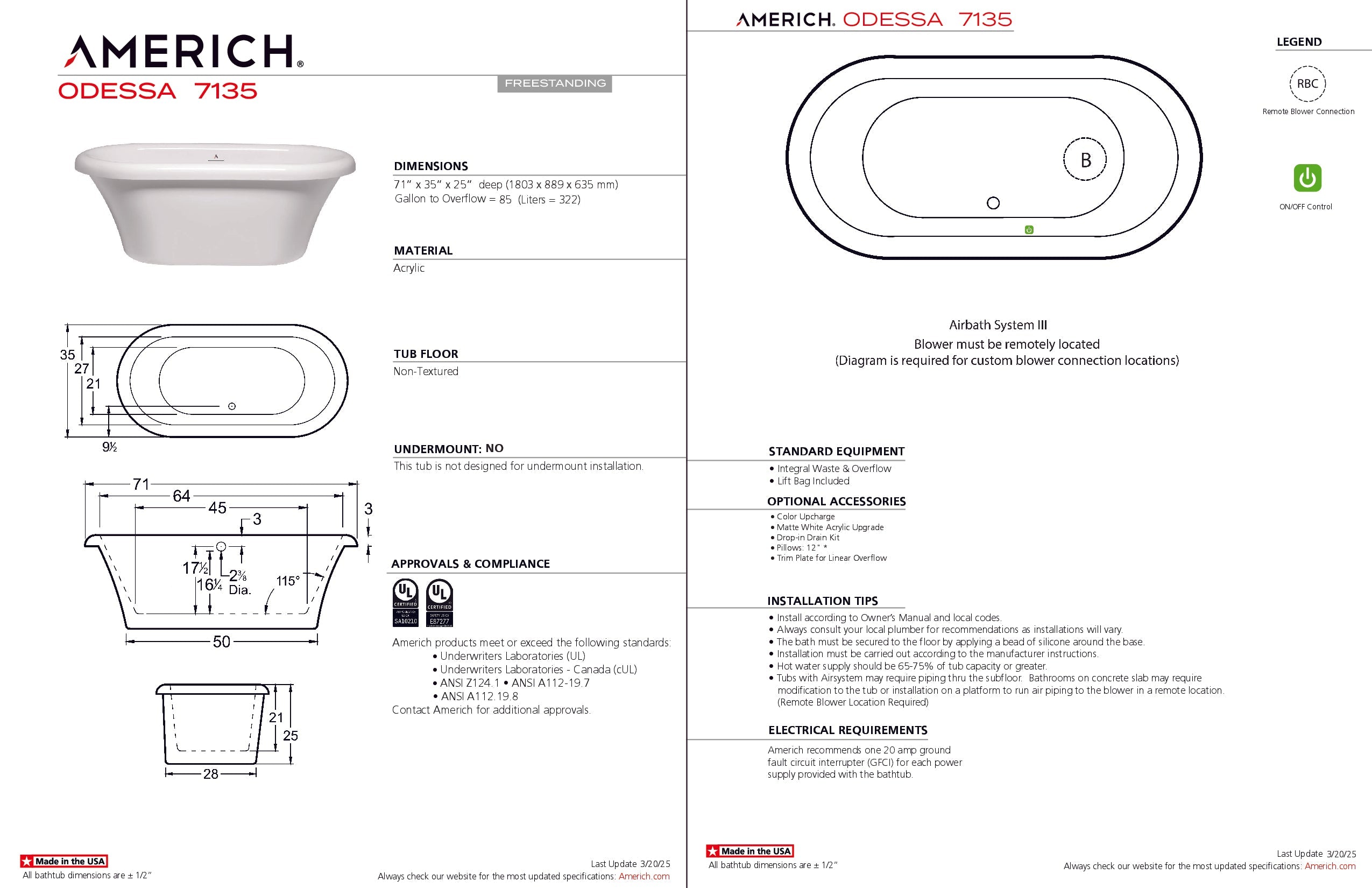 Americh Odessa 7135 - Tub Only Freestanding Bathtub OD7135T-WH