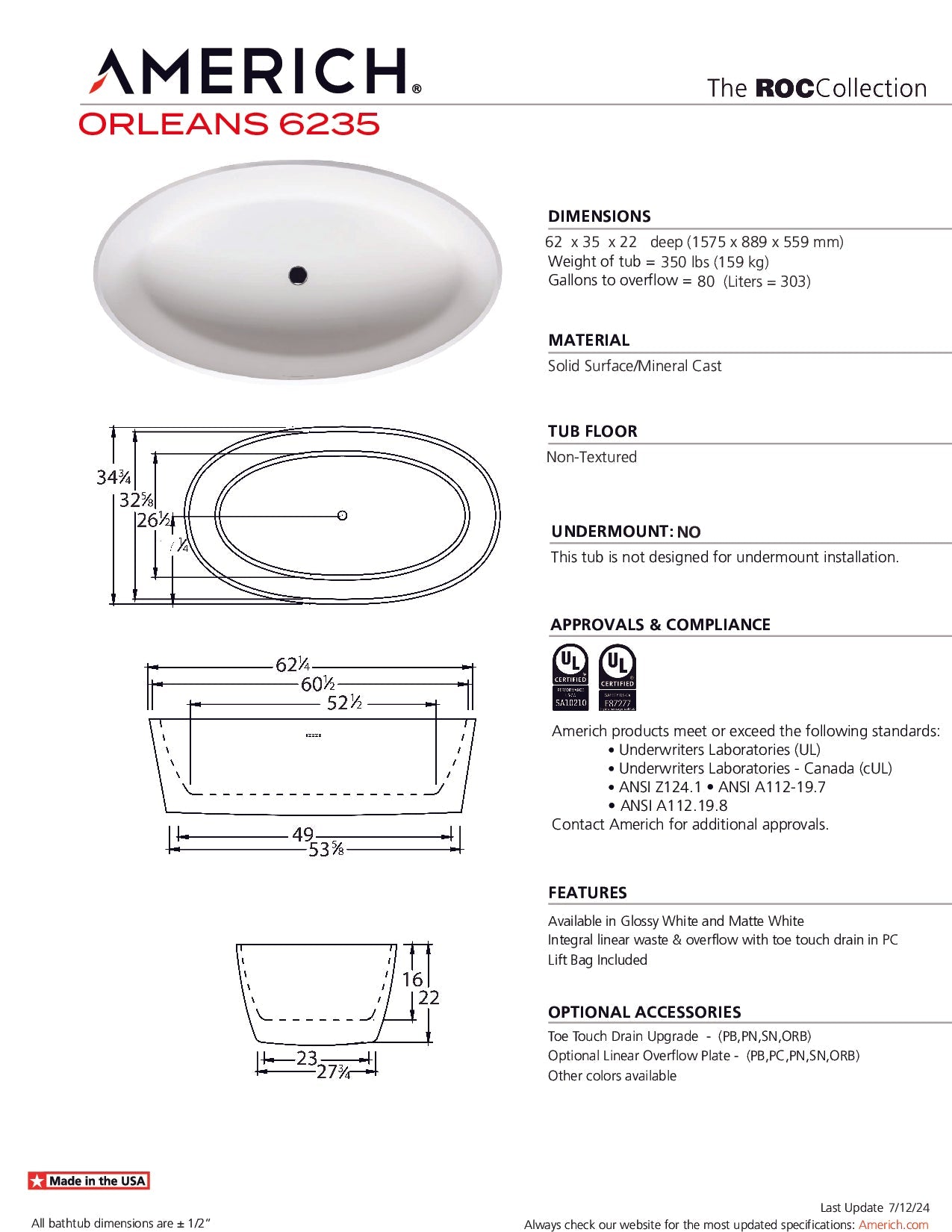 Americh Orleans 6235 - ROC ROC Bathtub RC2215-GW