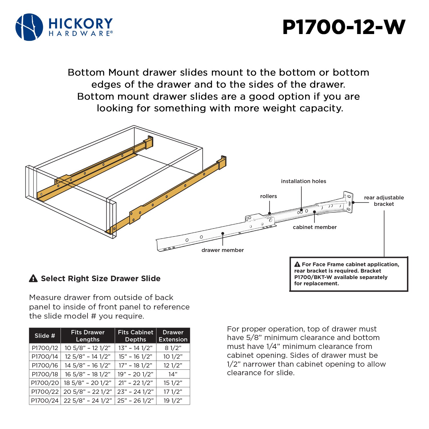Hickory P1700, 12 Inch Drawer Slides Drawer Slide