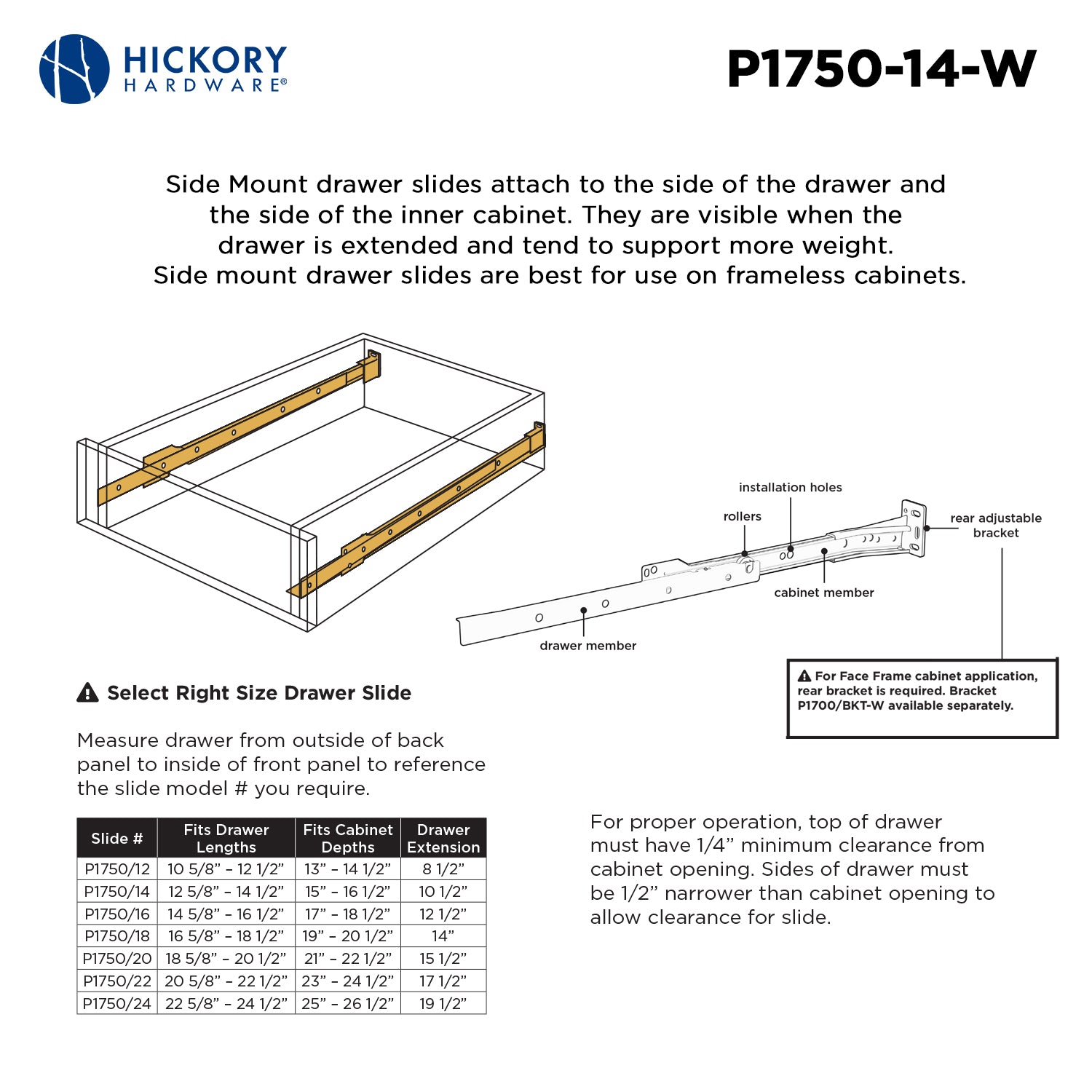Hickory P1750, 12 Inch Drawer Slides Drawer Slide