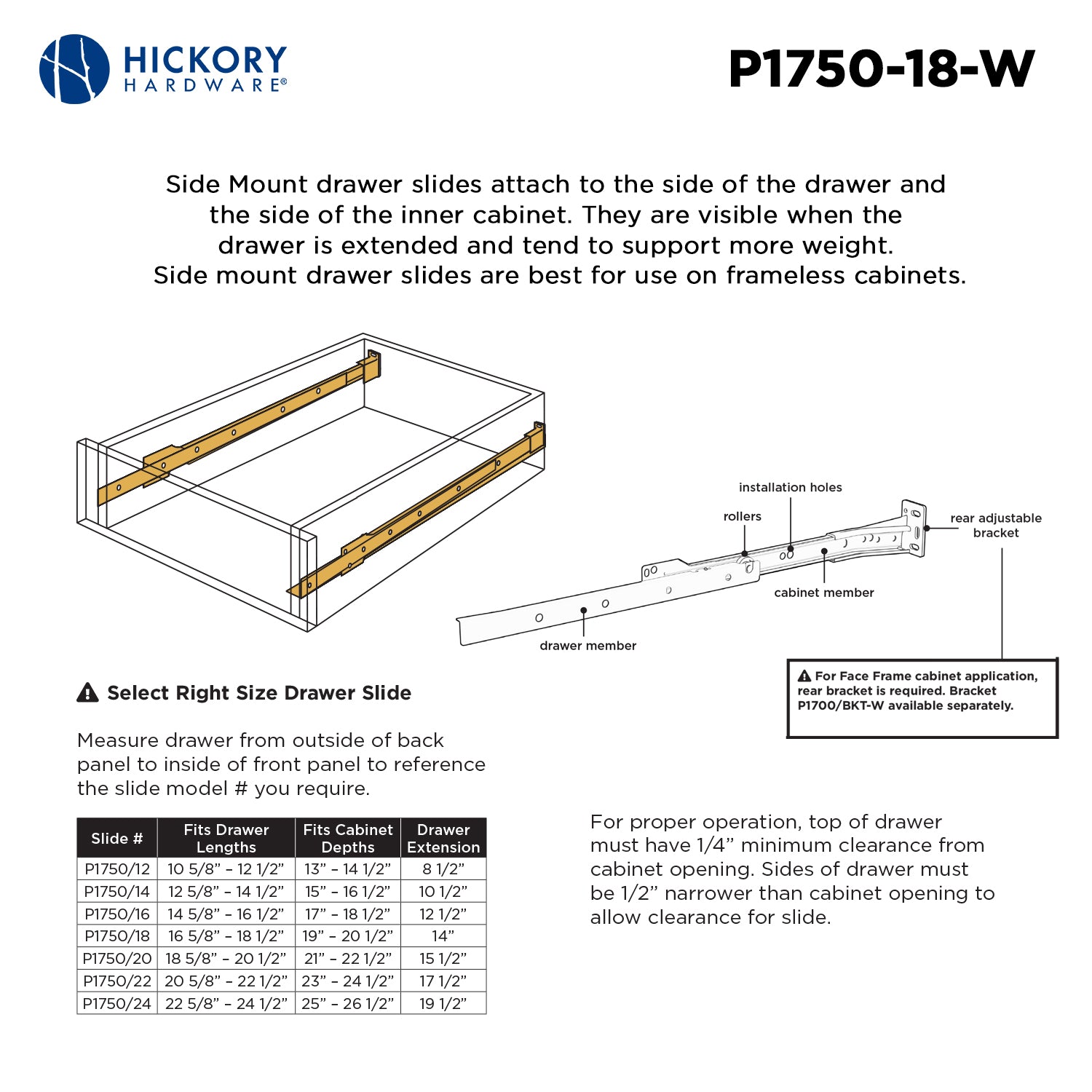 Hickory P1750, 12 Inch Drawer Slides Drawer Slide