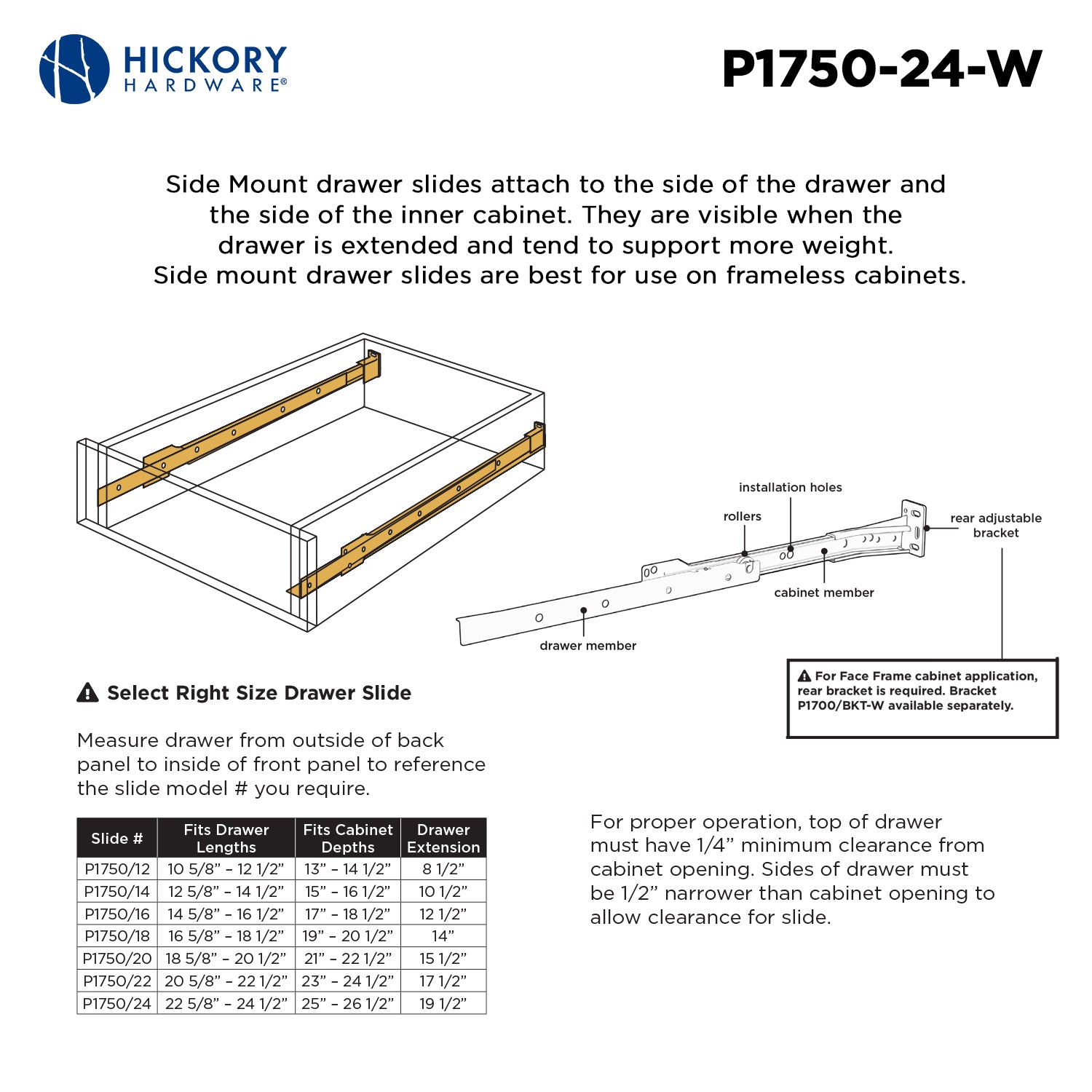 Hickory P1750, 12 Inch Drawer Slides Drawer Slide