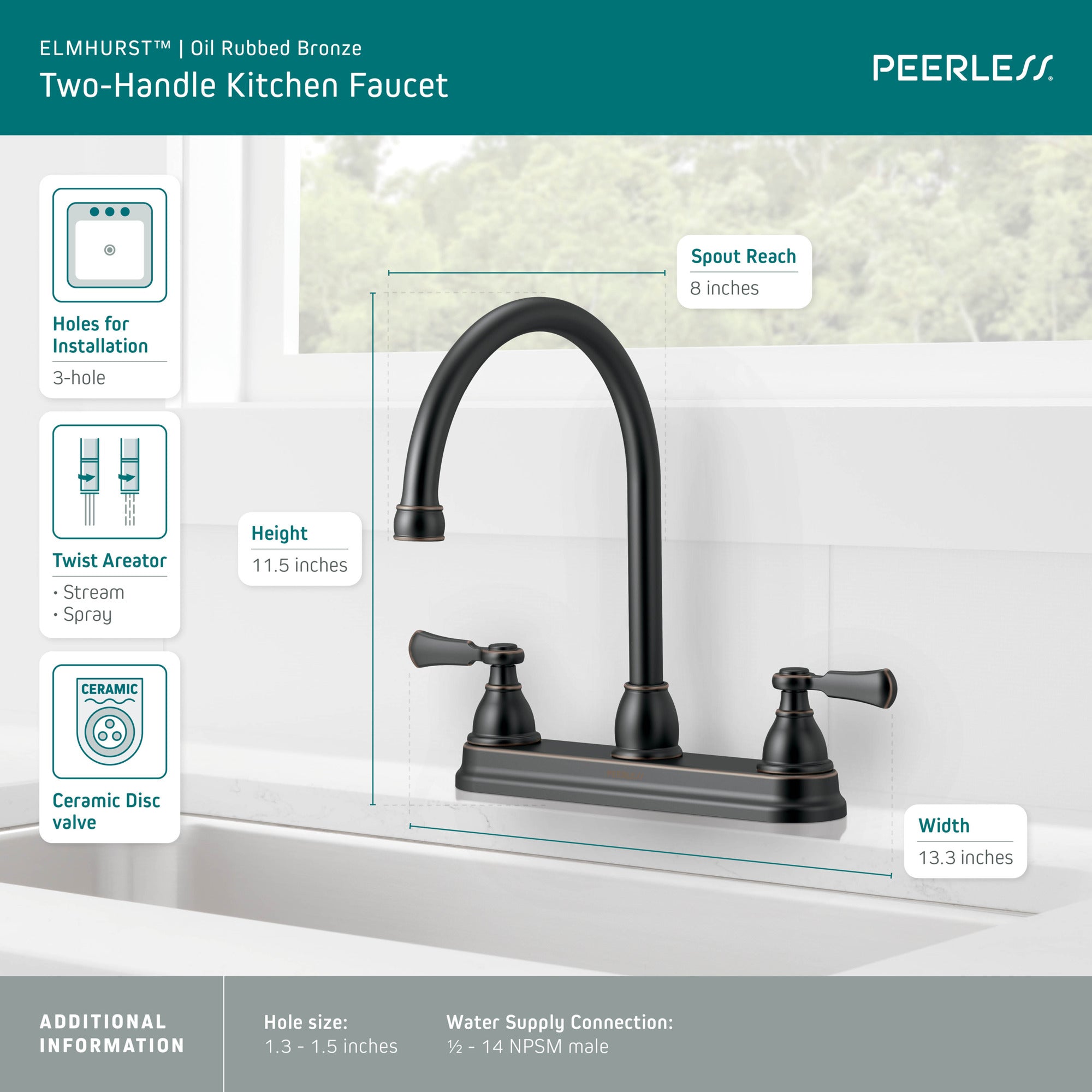 Peerless Elmhurst® Two-Handle Kitchen Faucet with Twist Aerator