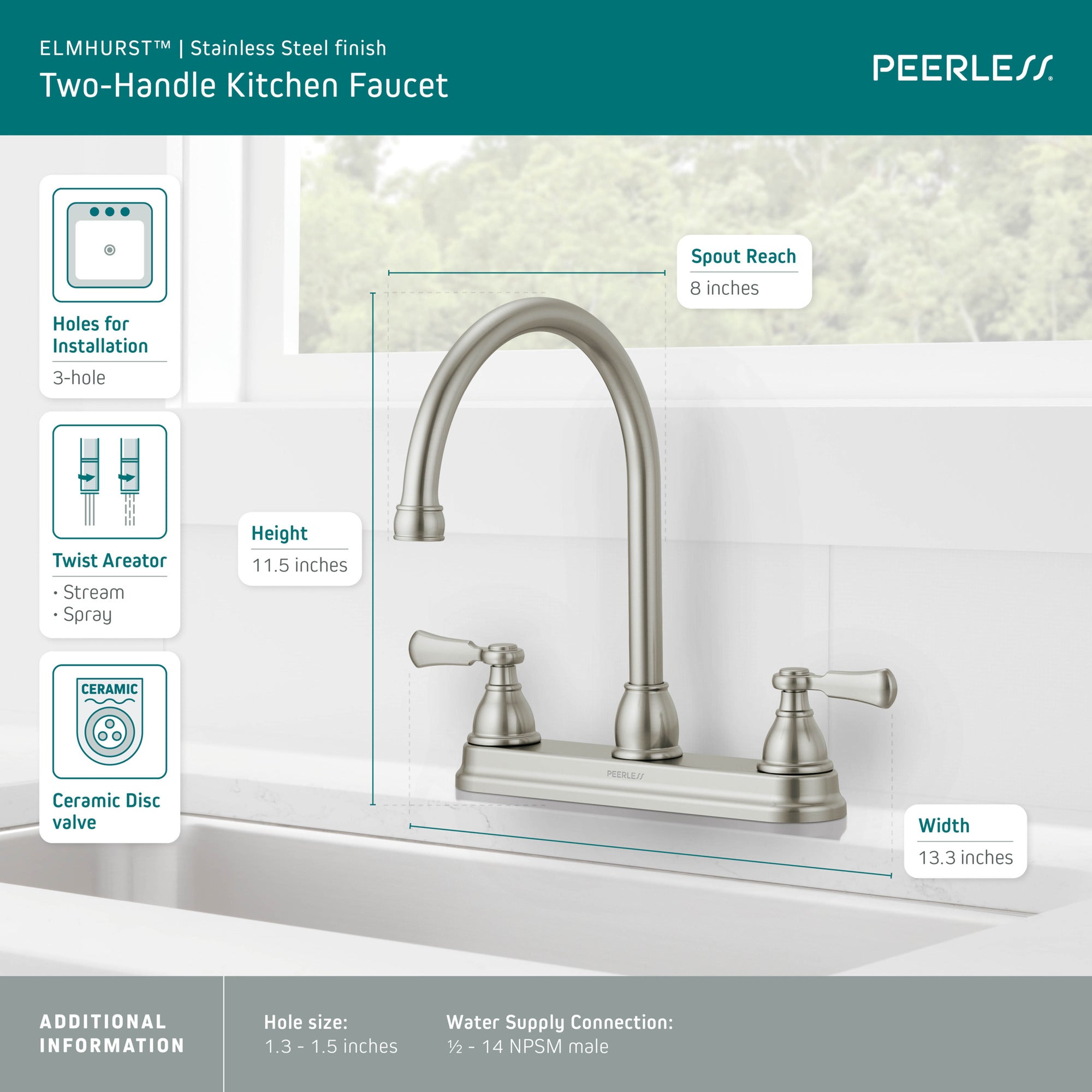 Peerless Elmhurst® Two-Handle Kitchen Faucet with Twist Aerator
