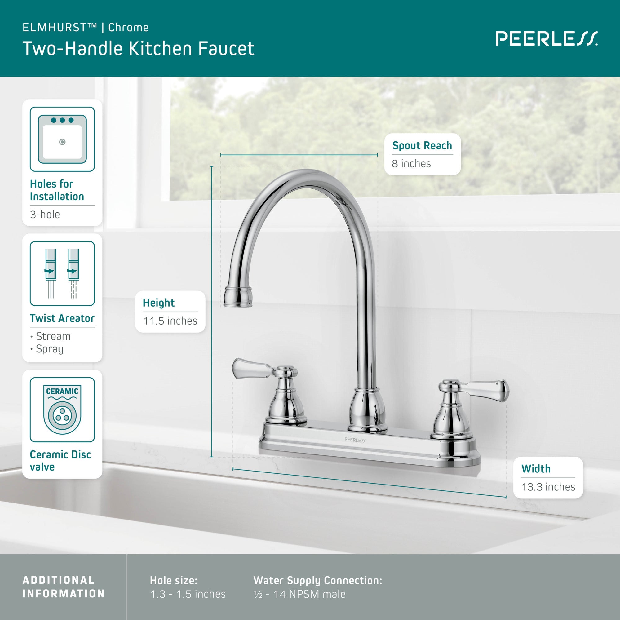 Peerless Elmhurst® Two-Handle Kitchen Faucet with Twist Aerator