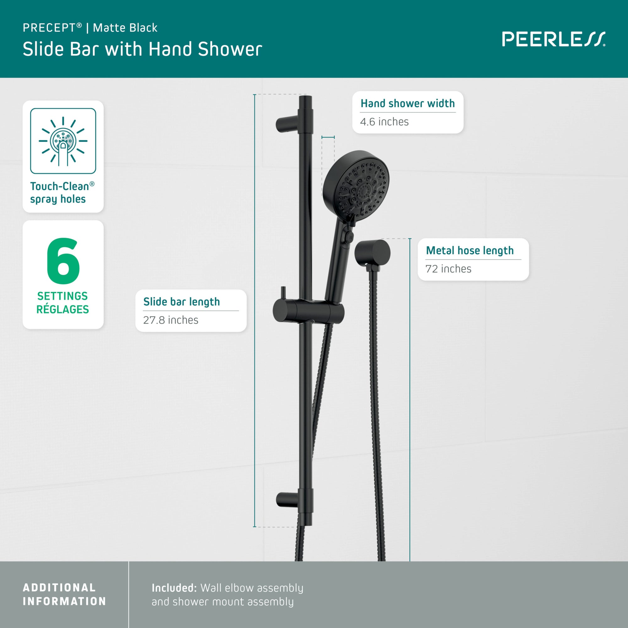 Peerless Precept® Slide bar with hand shower