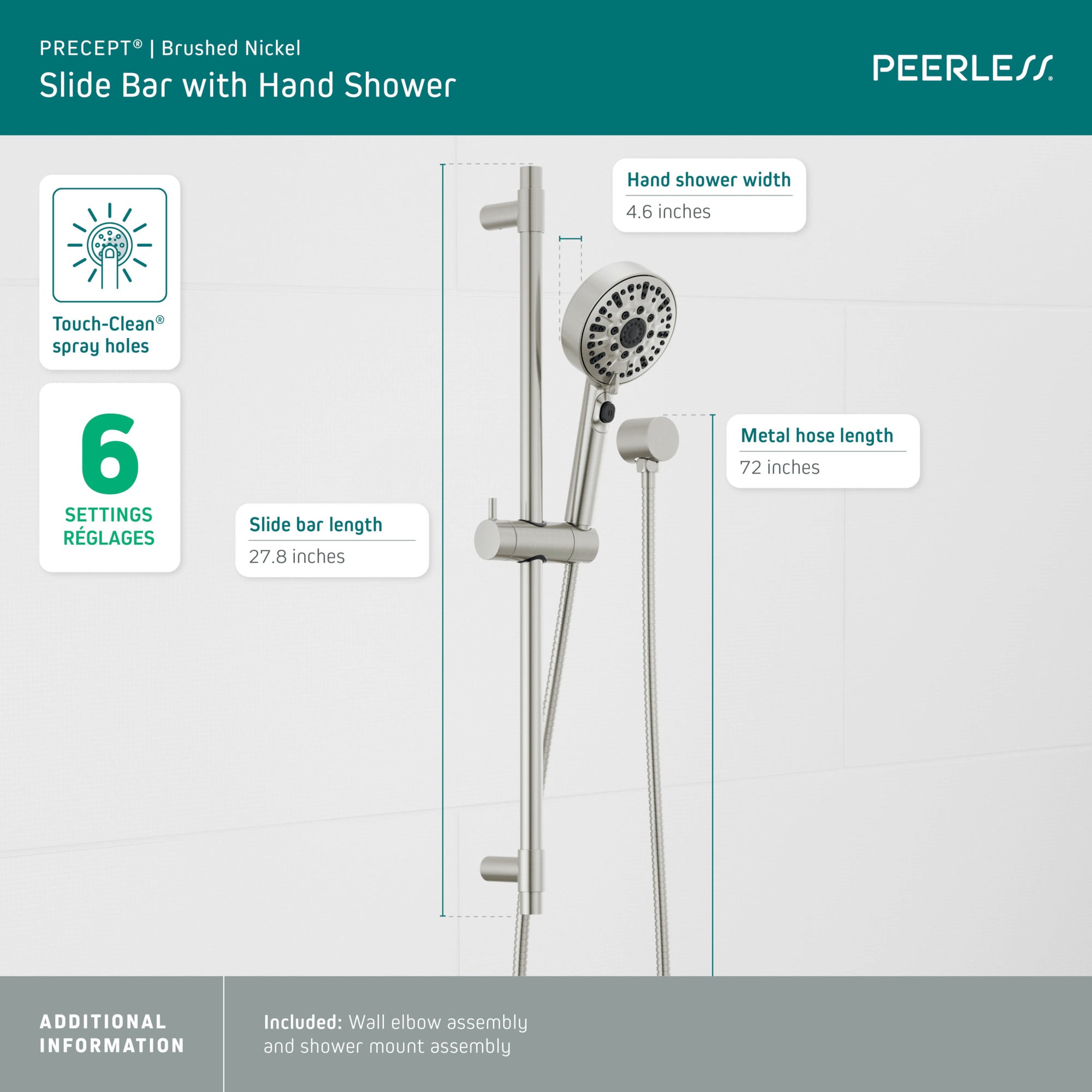 Peerless Precept® Slide bar with hand shower