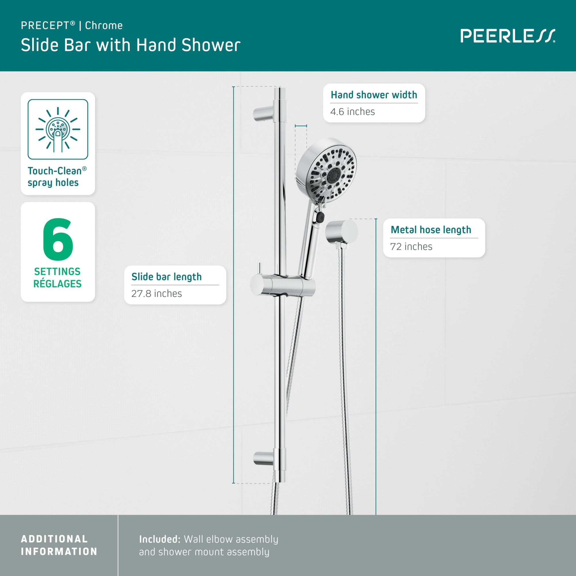 Peerless Precept® Slide bar with hand shower