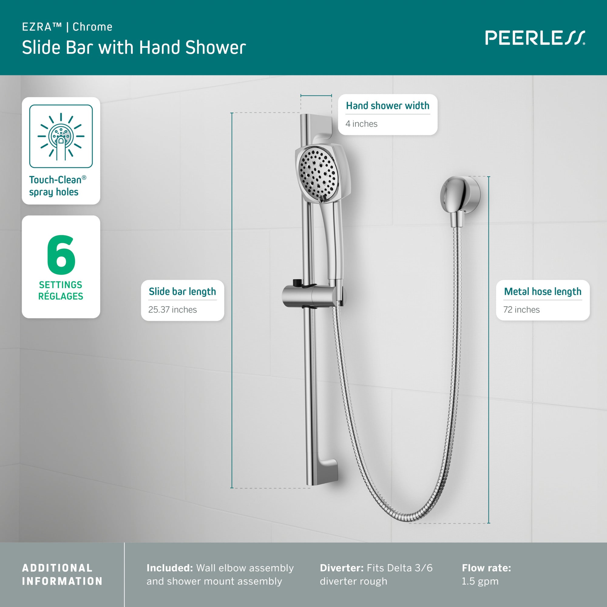 Peerless Ezra® Slide Bar with Hand Shower
