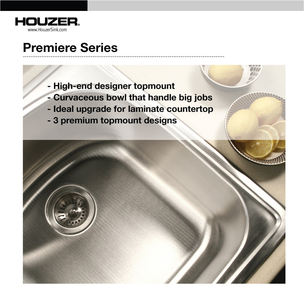 Houzer Premier 33 inch Stainless Steel Drop-in Topmount 1-hole Single Bowl Kitchen Sink - PGS-3122-1