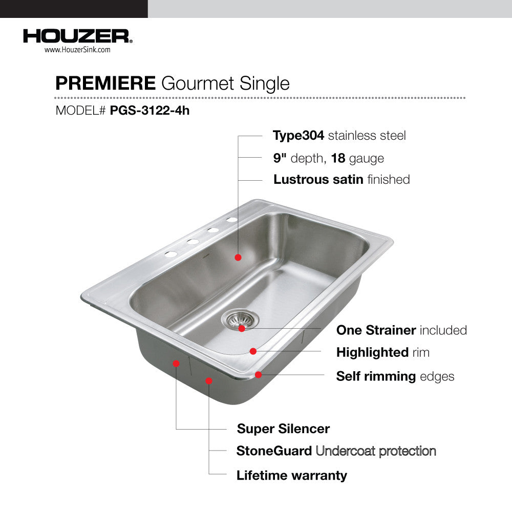 Houzer Premier 33 inch Stainless Steel Drop-in Topmount 1-hole Single Bowl Kitchen Sink - PGS-3122-1