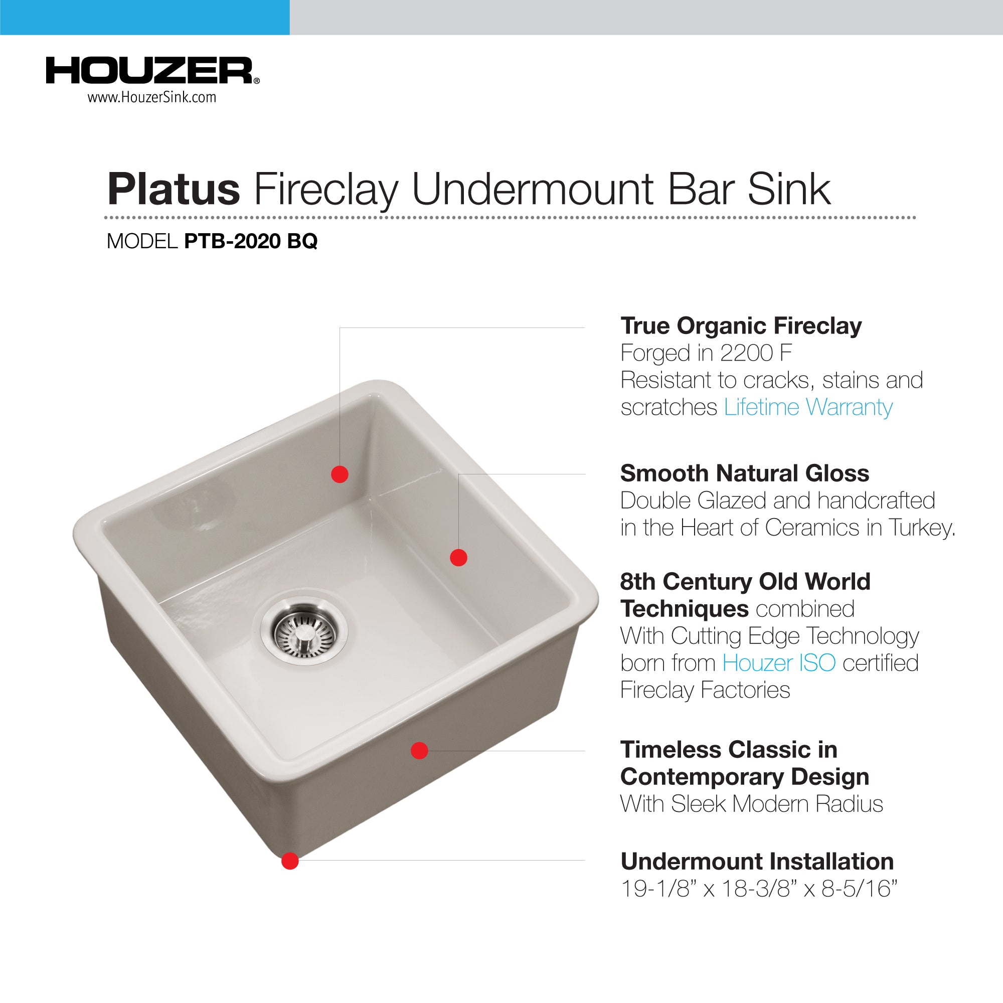 Houzer Platus 20" Fireclay Undermount Square Single Bowl Bar Sink