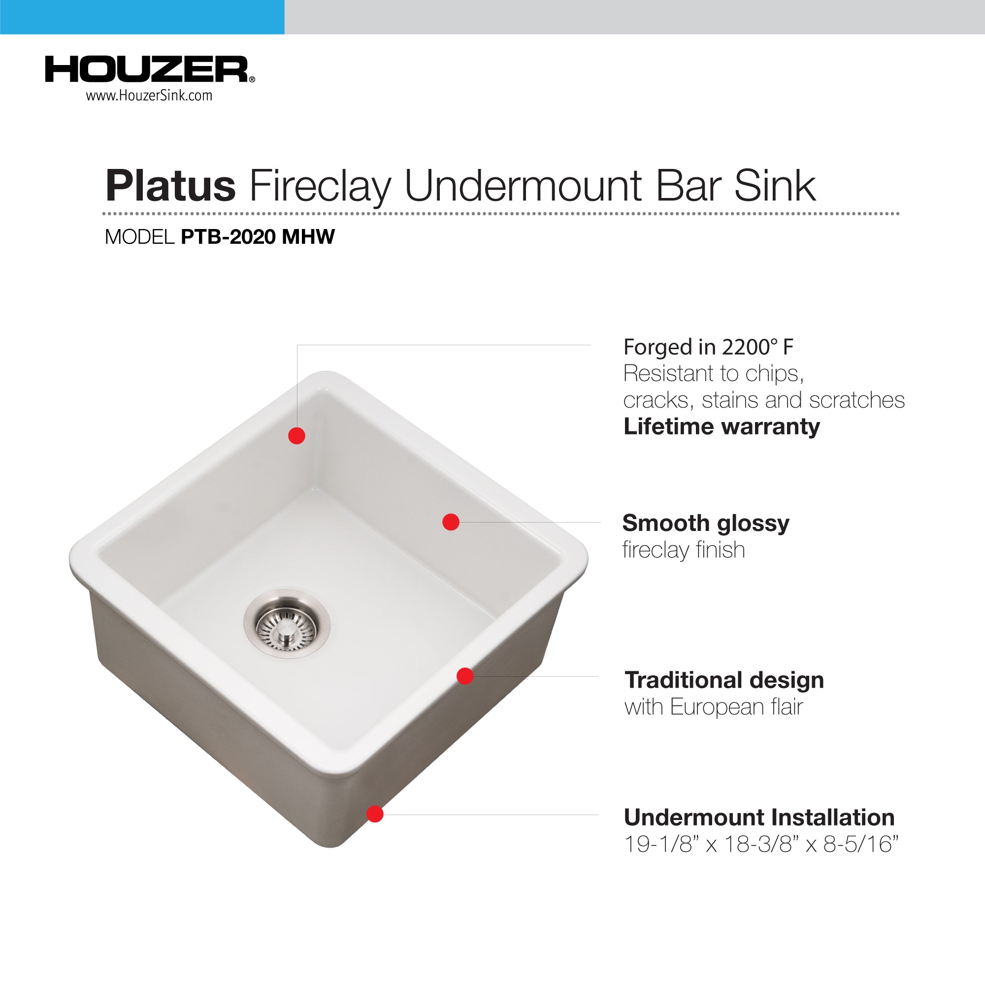 Houzer Platus 20" Fireclay Undermount Square Single Bowl Bar Sink