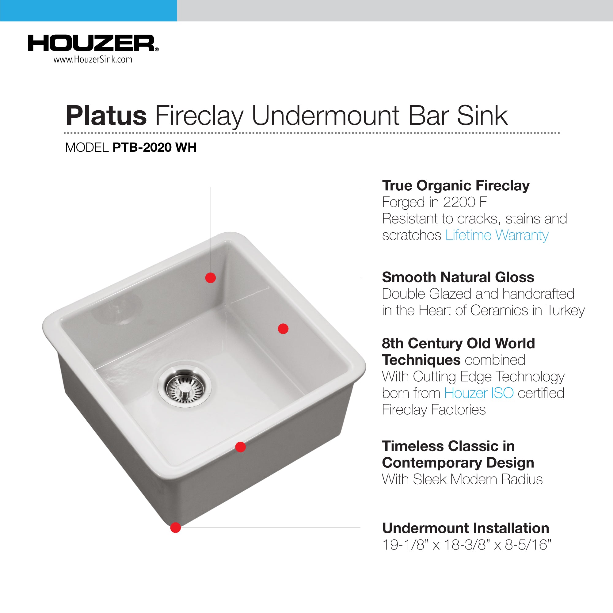 Houzer Platus 20" Fireclay Undermount Square Single Bowl Bar Sink