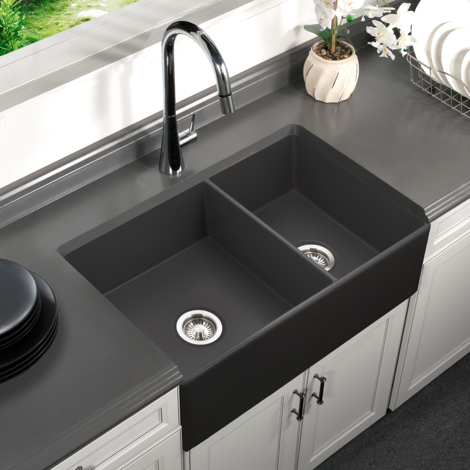 Houzer Platus 33" Fireclay Apron Front Farmhouse 60/40 Double Kitchen Sink