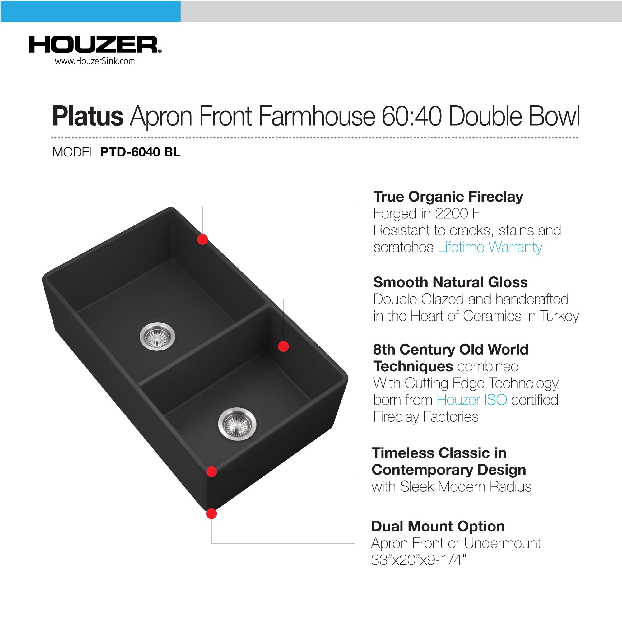 Houzer Platus 33" Fireclay Apron Front Farmhouse 60/40 Double Kitchen Sink