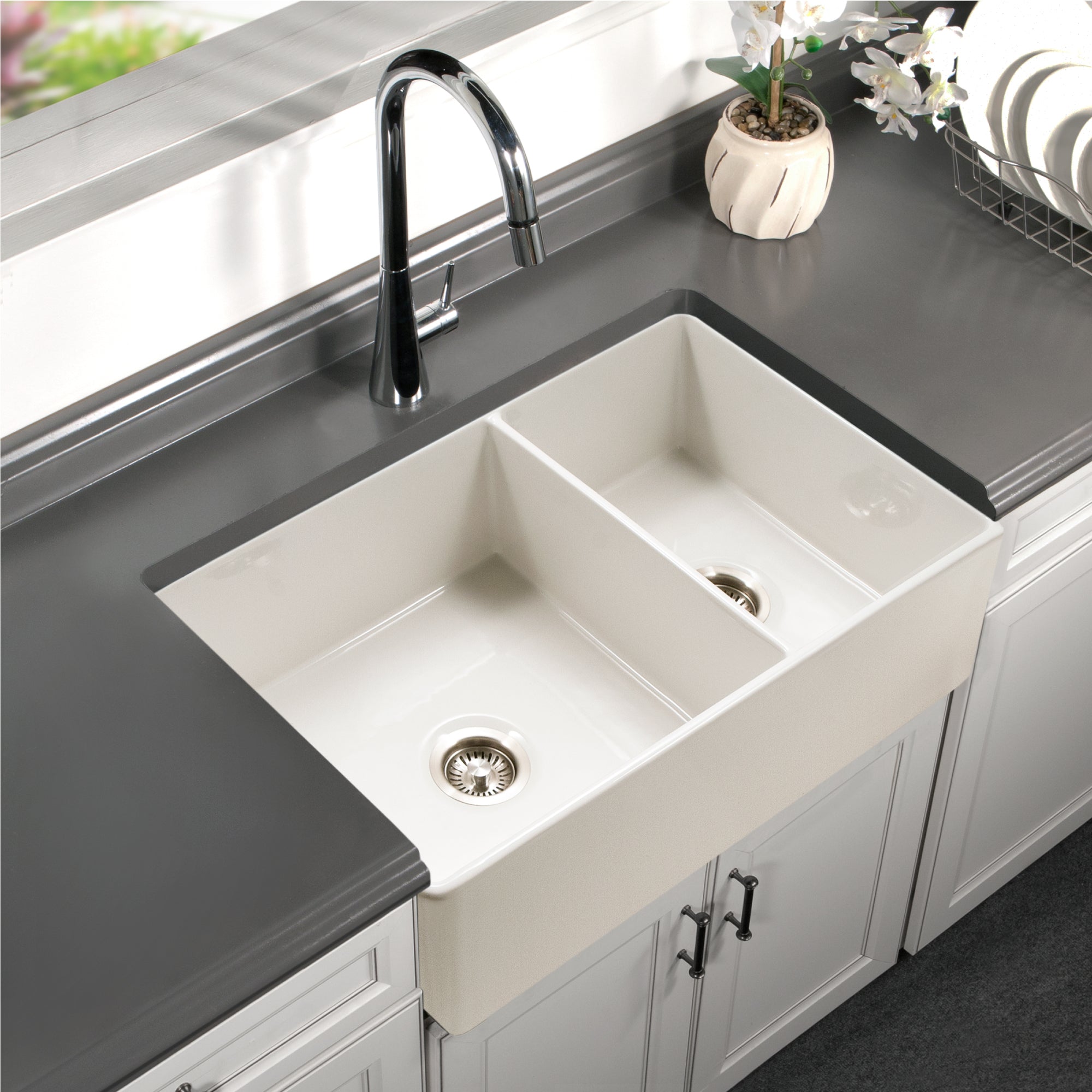 Houzer Platus 33" Fireclay Apron Front Farmhouse 60/40 Double Kitchen Sink