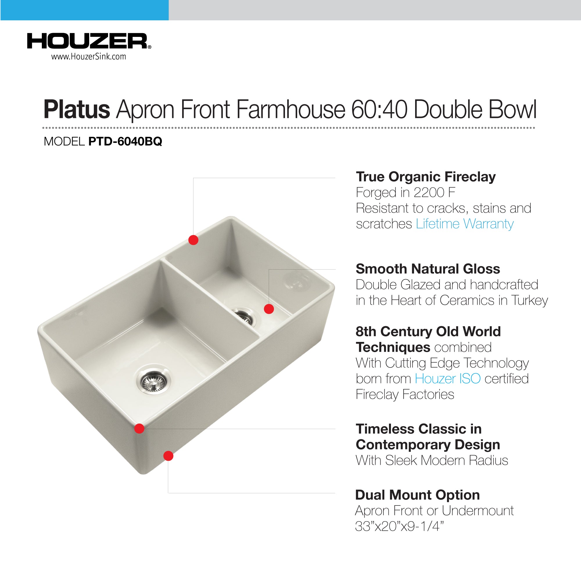 Houzer Platus 33" Fireclay Apron Front Farmhouse 60/40 Double Kitchen Sink