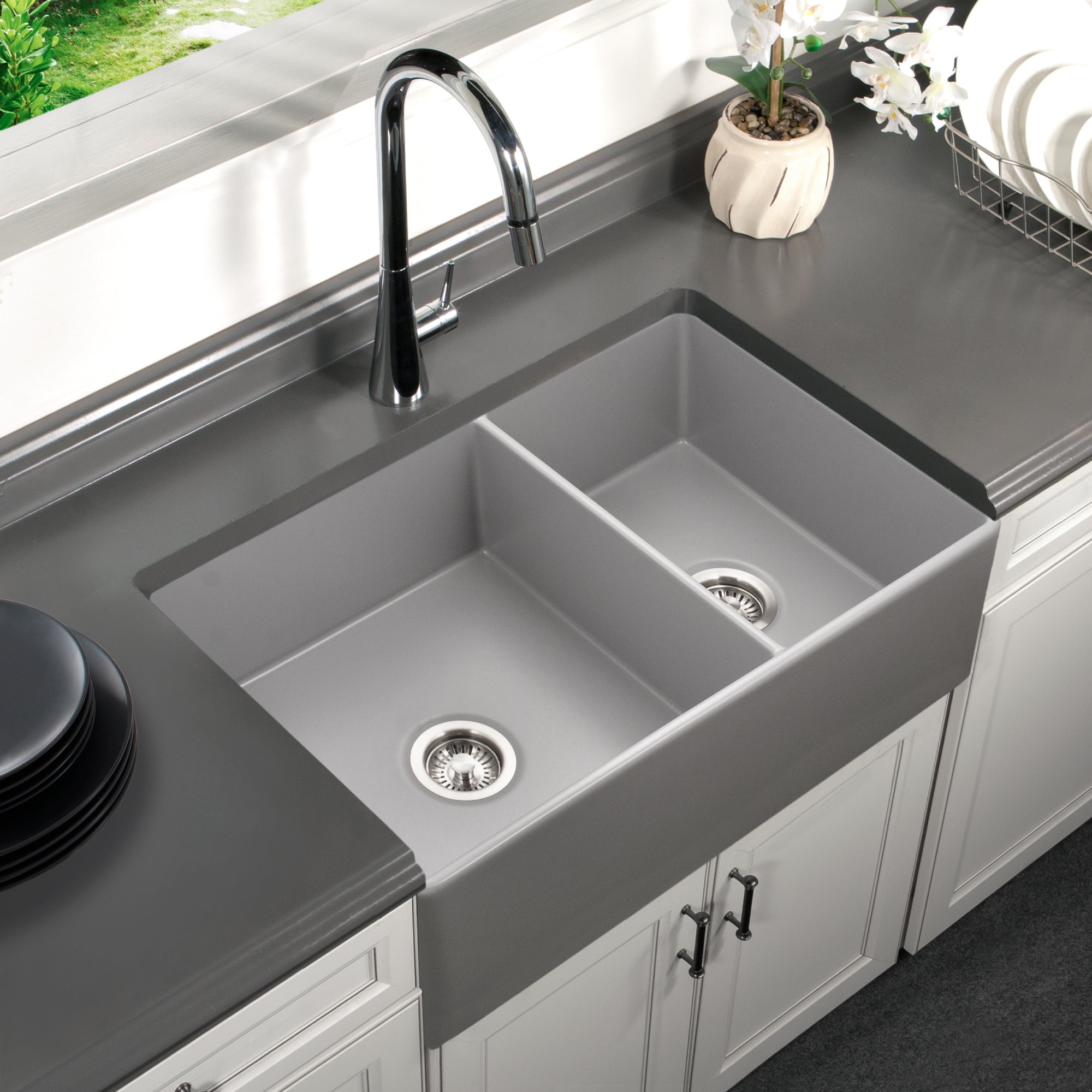 Houzer Platus 33" Fireclay Apron Front Farmhouse 60/40 Double Kitchen Sink