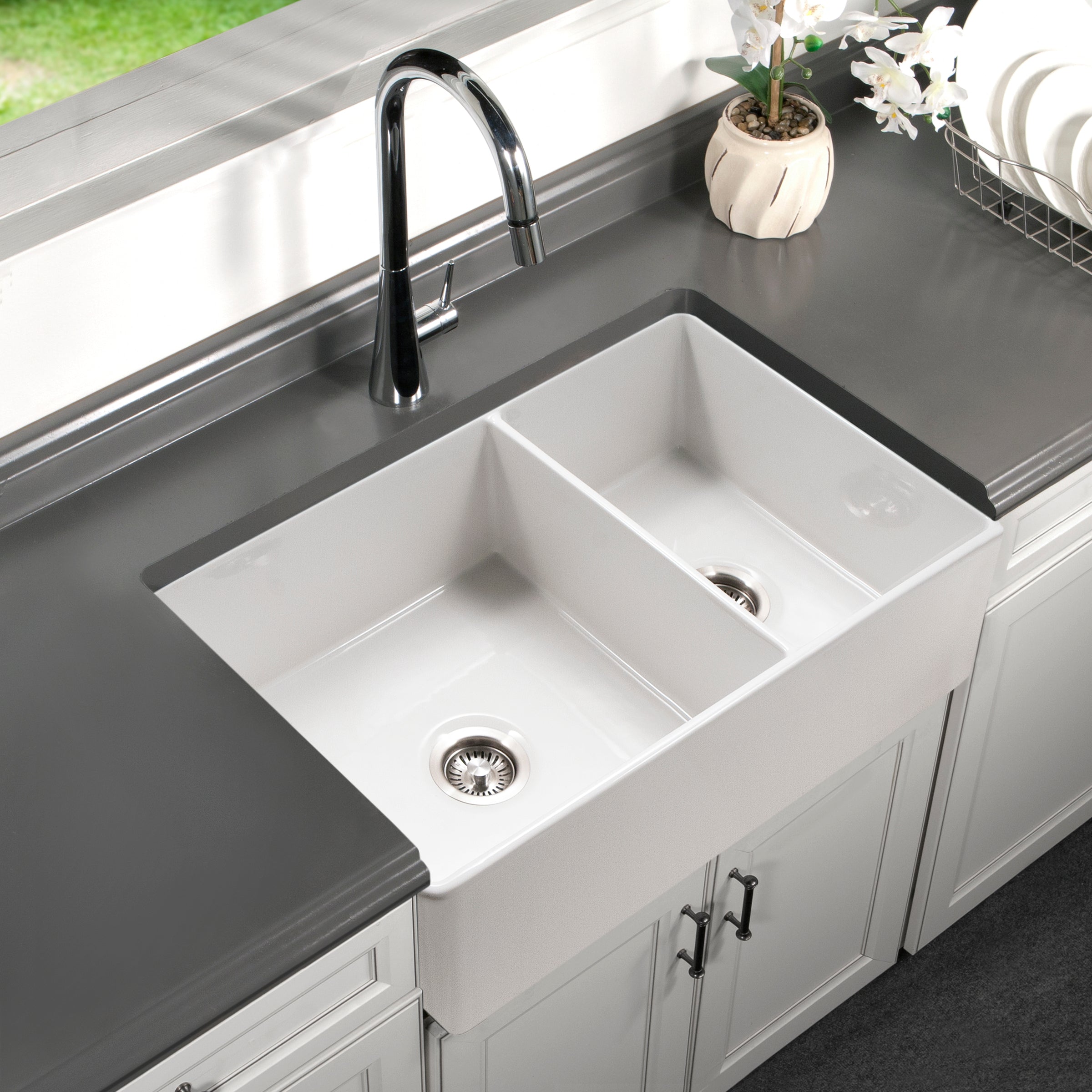 Houzer Platus 33" Fireclay Apron Front Farmhouse 60/40 Double Kitchen Sink