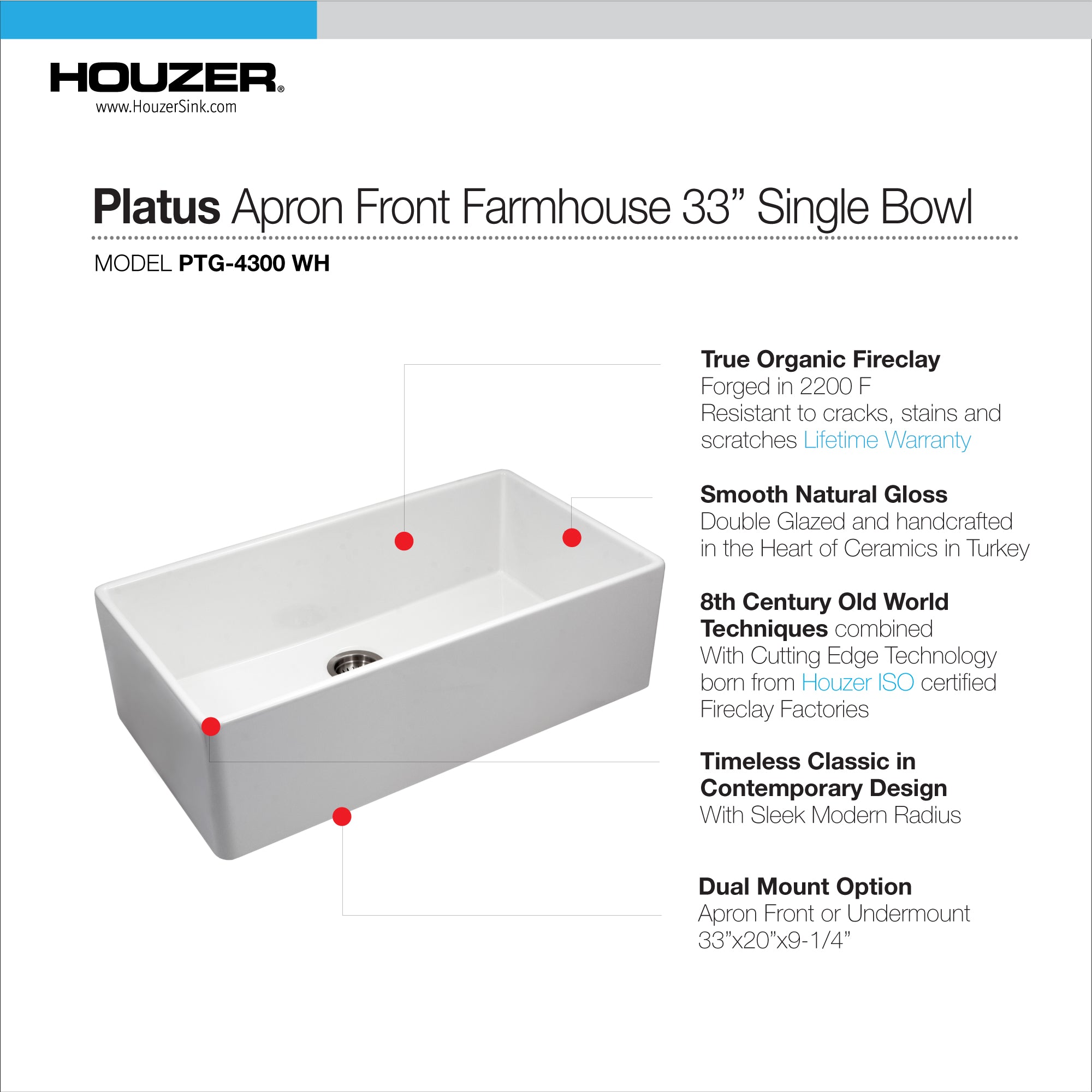 Houzer Platus 33" Fireclay Apron Front Farmhouse Single Bowl Kitchen Sink