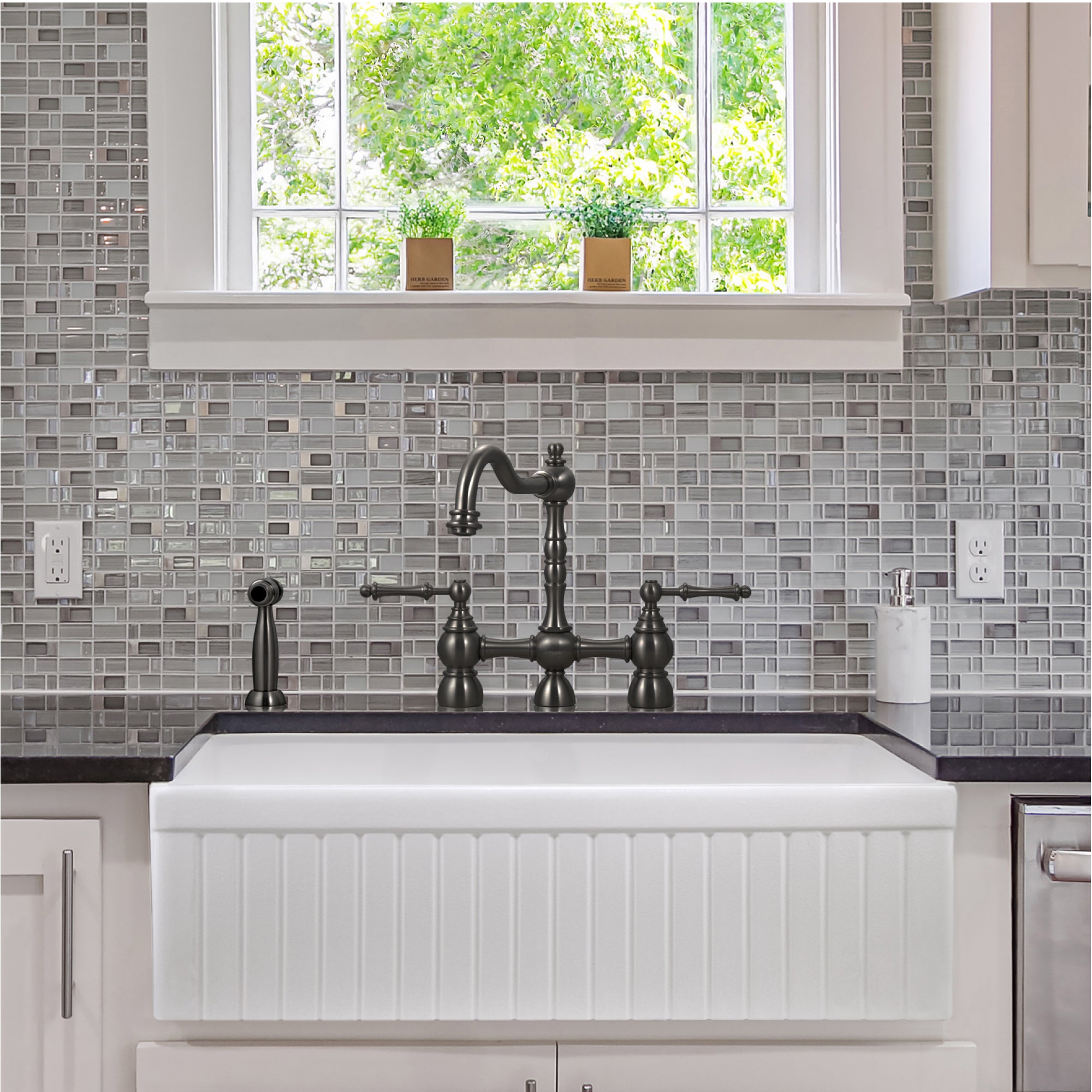 Houzer Platus 33" White Fireclay Apron Front Farmhouse Single Bowl Kitchen Sink