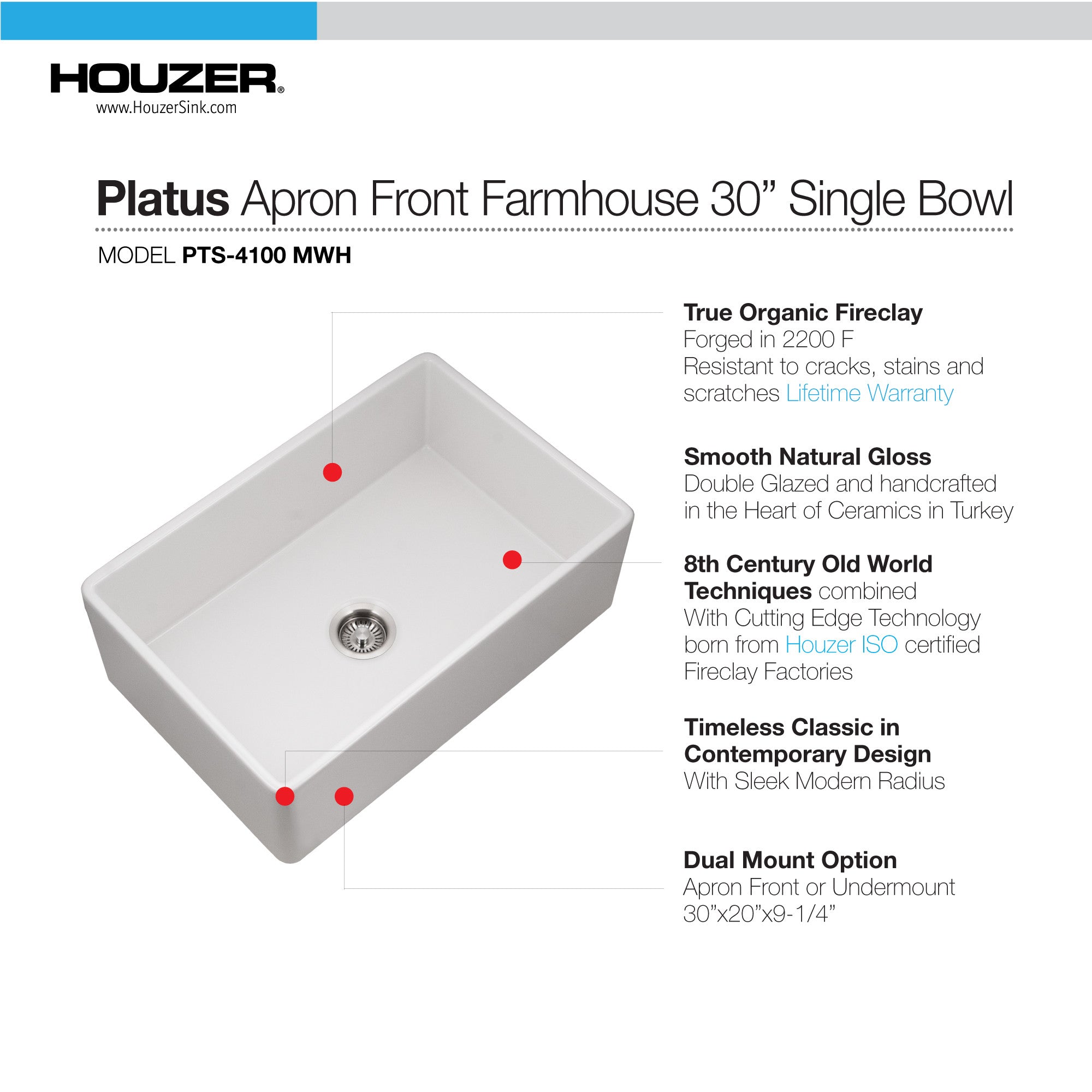Houzer Platus 30 inch White Fireclay Apron Front Farmhouse Single Bowl Kitchen Sink - PTS-4100 WH