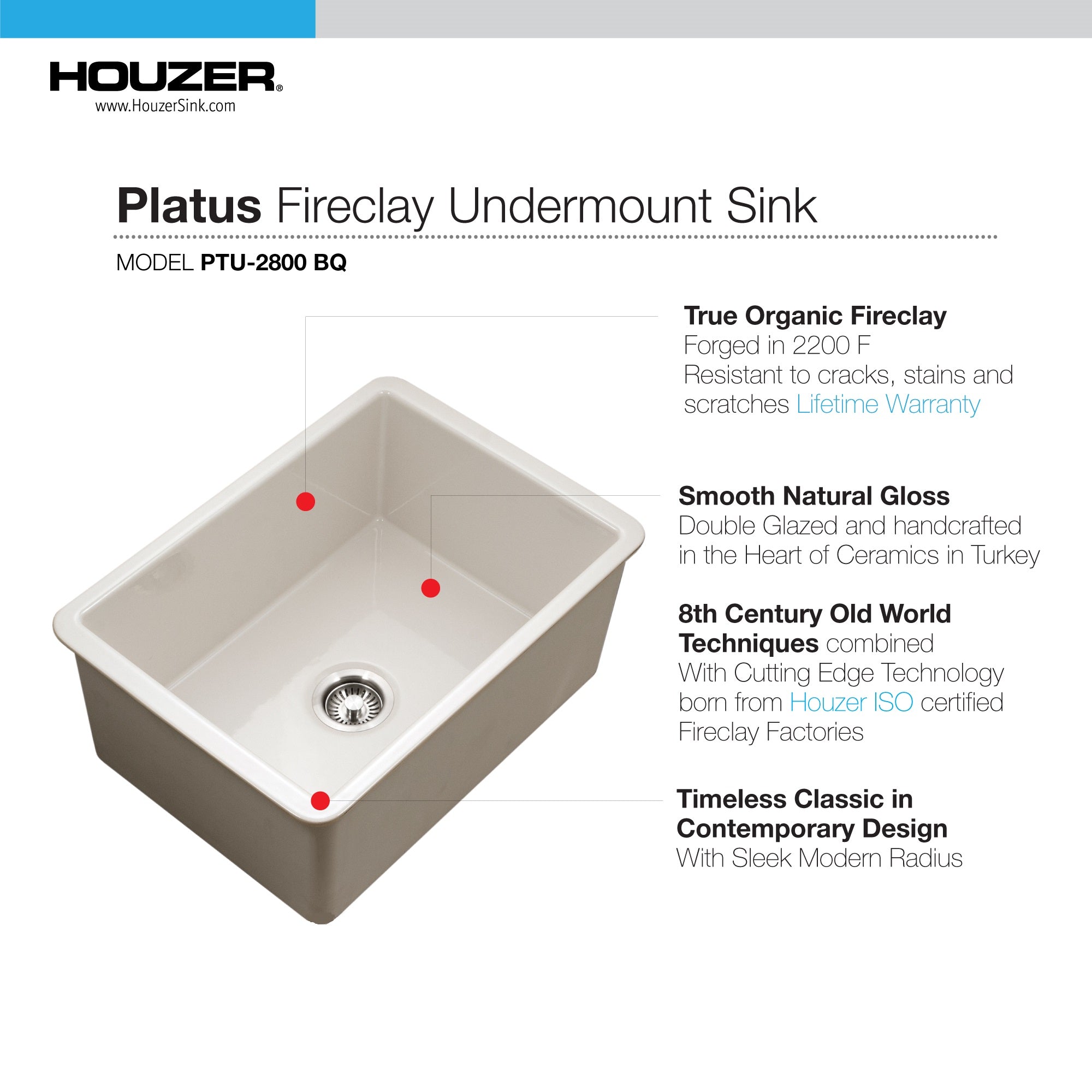 Houzer Platus 26" Fireclay Undermount Single Bowl Kitchen Sink