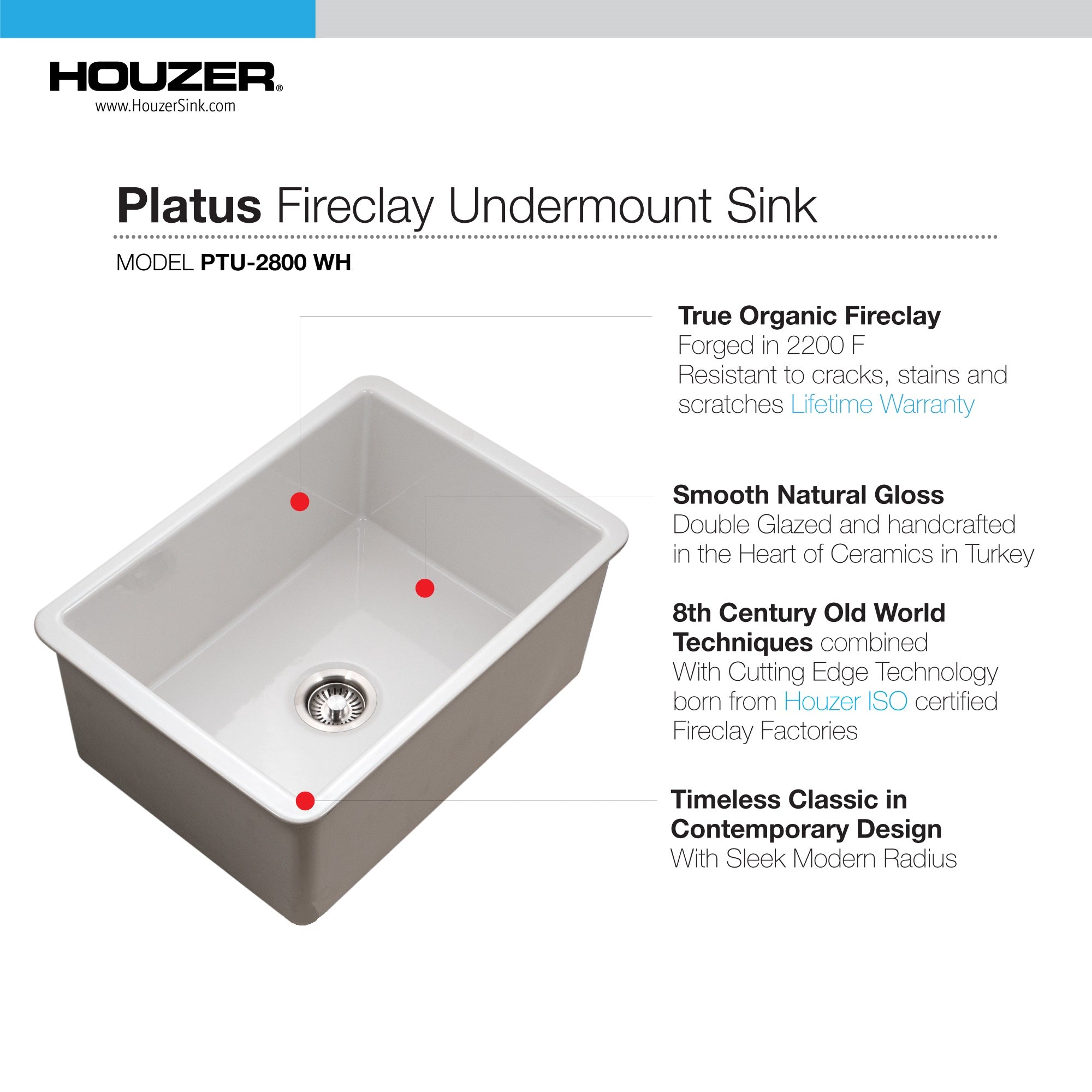 Houzer Platus 26" Fireclay Undermount Single Bowl Kitchen Sink