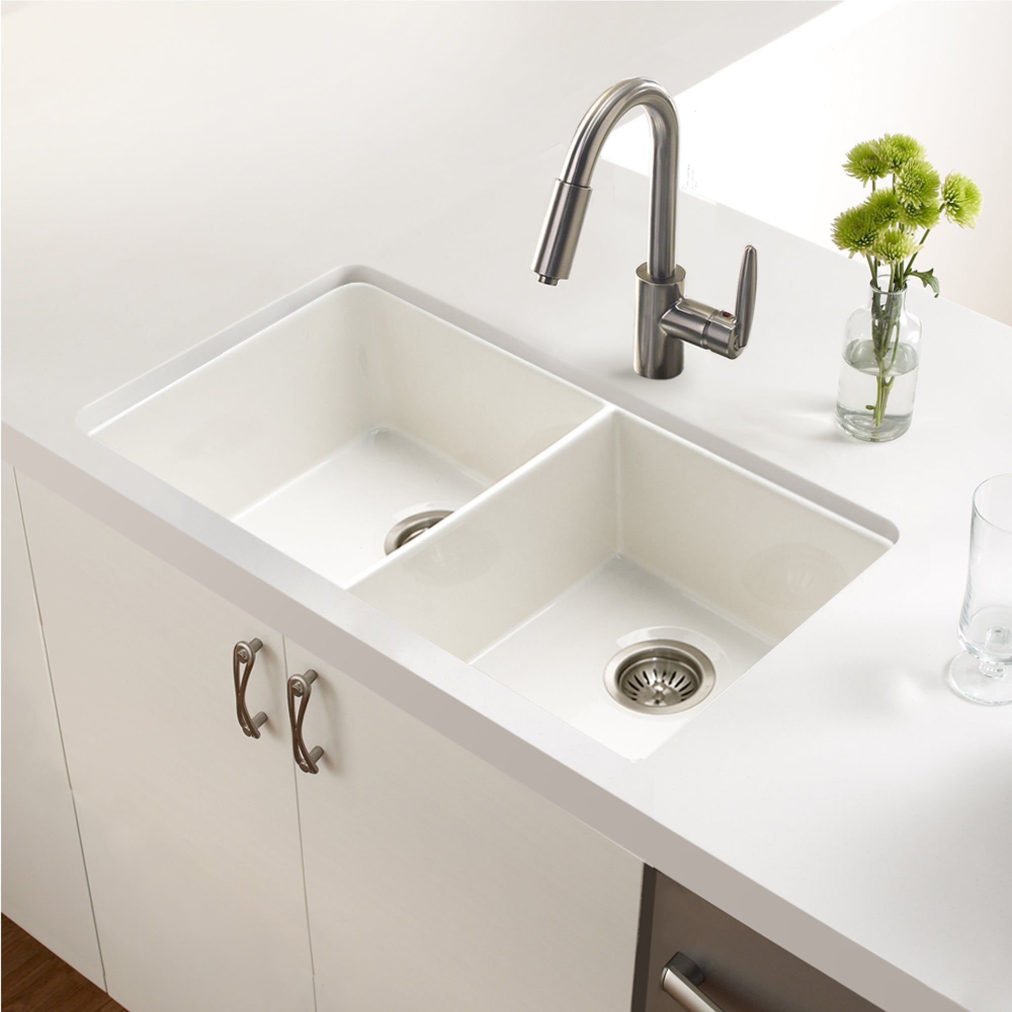 Houzer Platus Series 32" Fireclay Undermount 50/50 Double Bowl Kitchen Sink, PTU-3200
