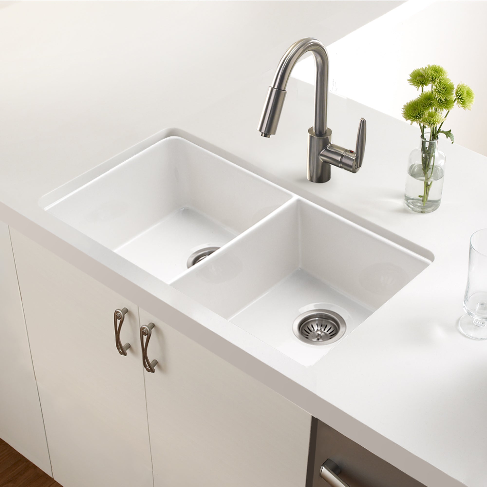 Houzer Platus Series 32" Fireclay Undermount 50/50 Double Bowl Kitchen Sink, PTU-3200