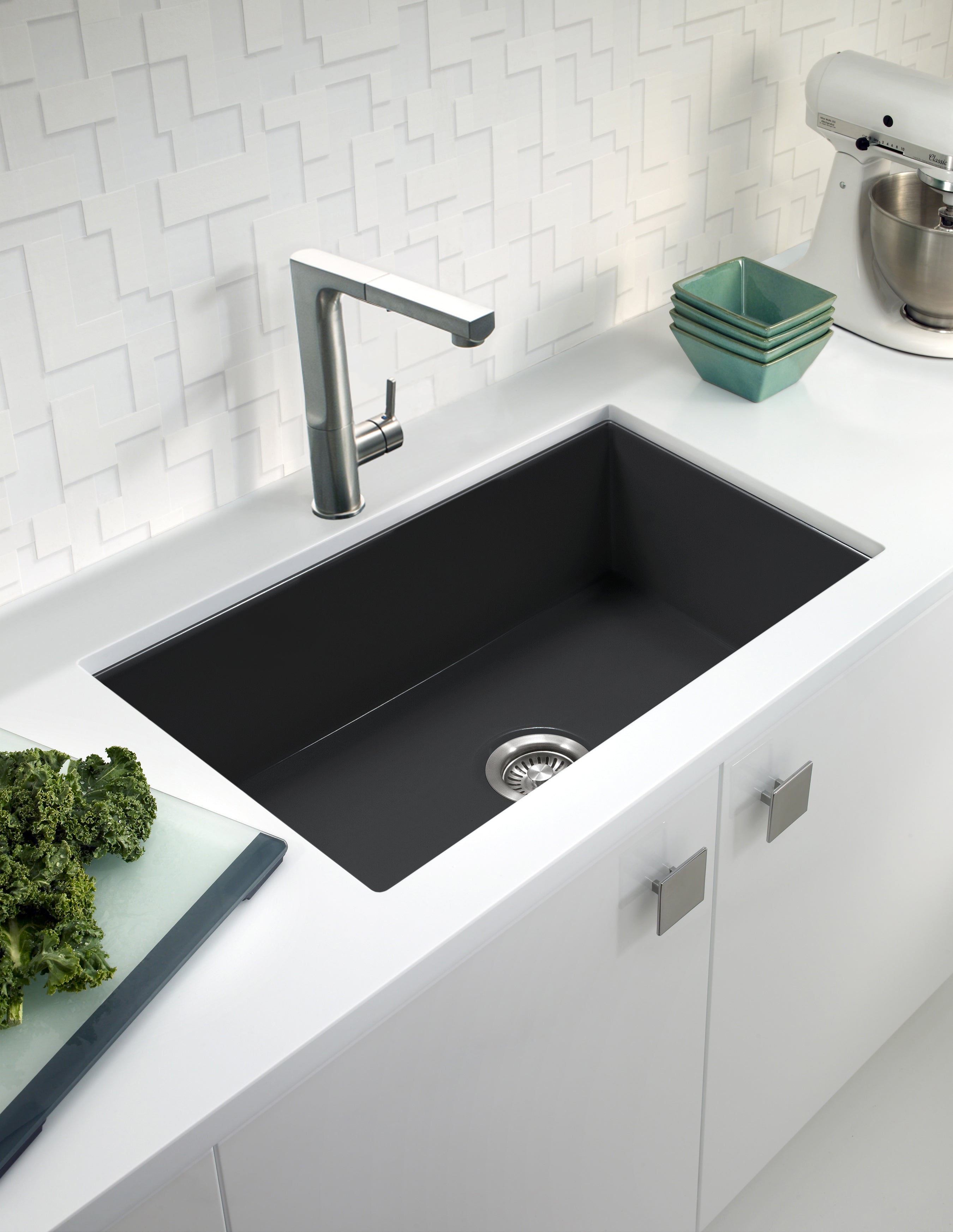 Houzer Platus 32 inch White Fireclay Undermount Single Bowl Kitchen Sink