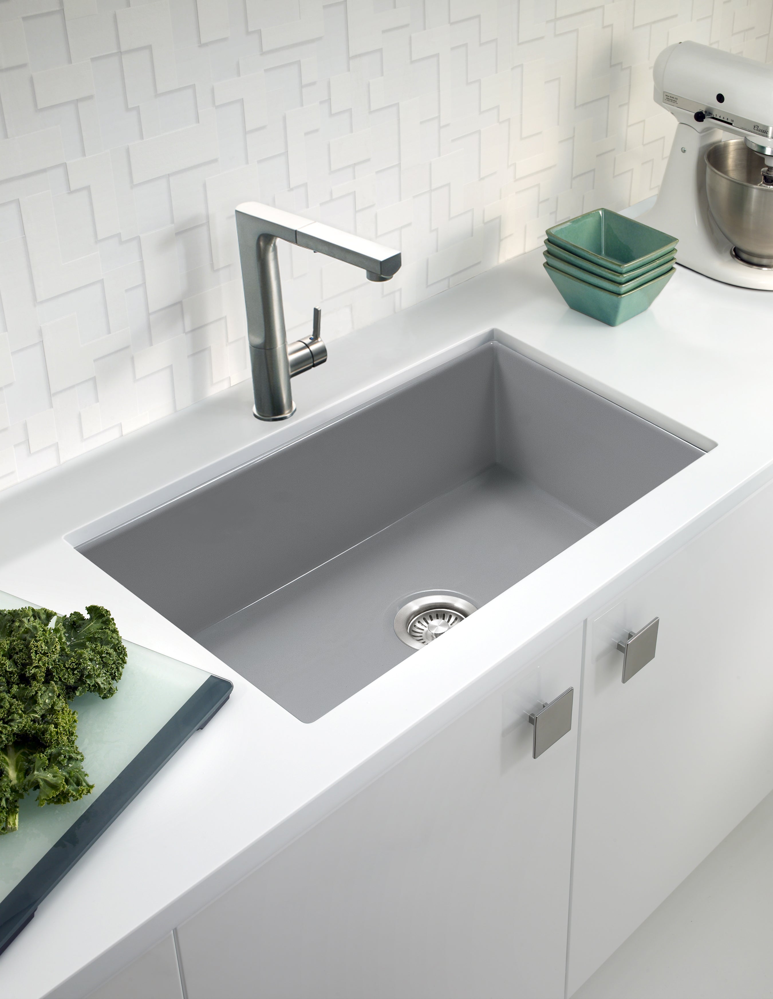 Houzer Platus 32 inch White Fireclay Undermount Single Bowl Kitchen Sink