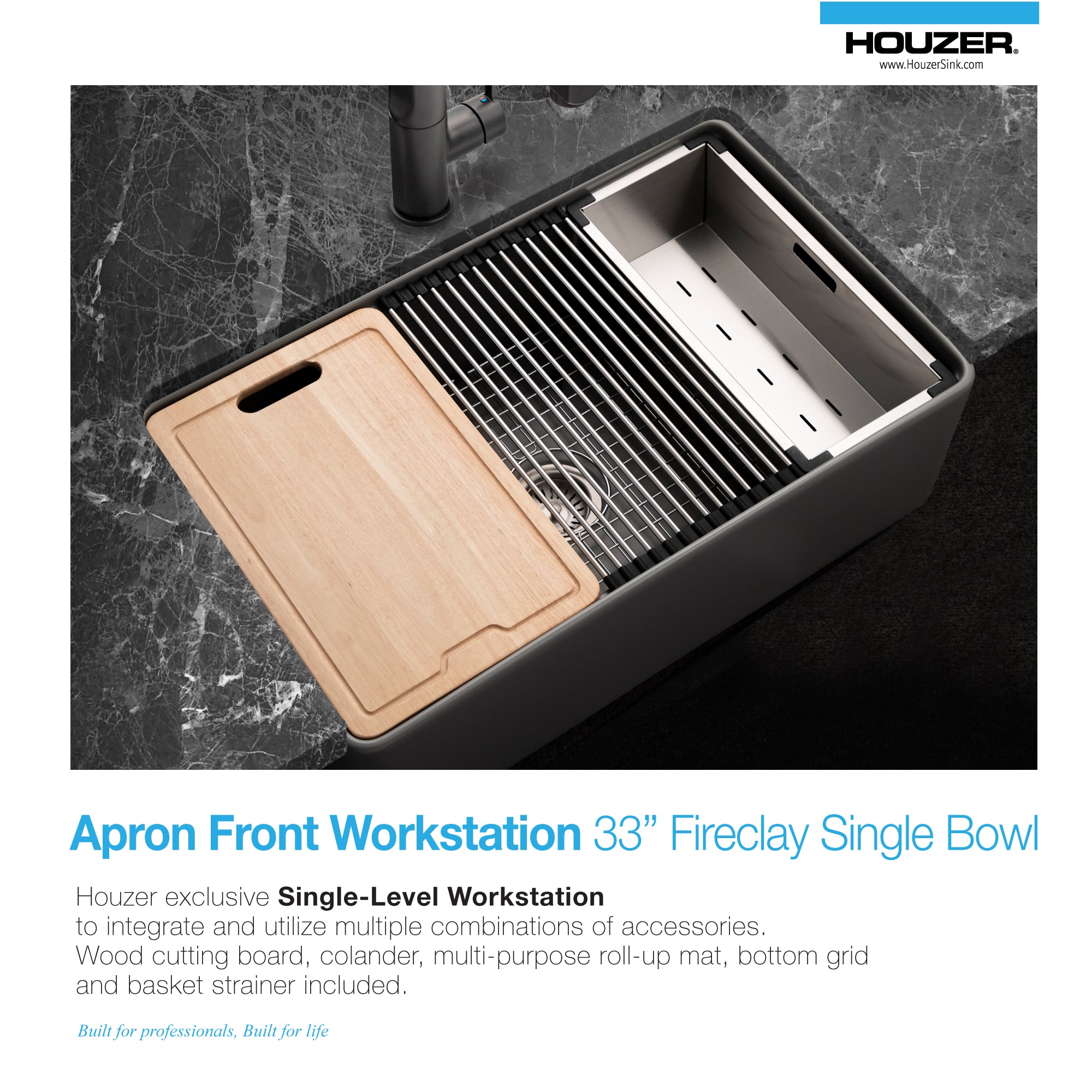 Aspire 33" Apron Front Workstation Single Bowl Fireclay Sink