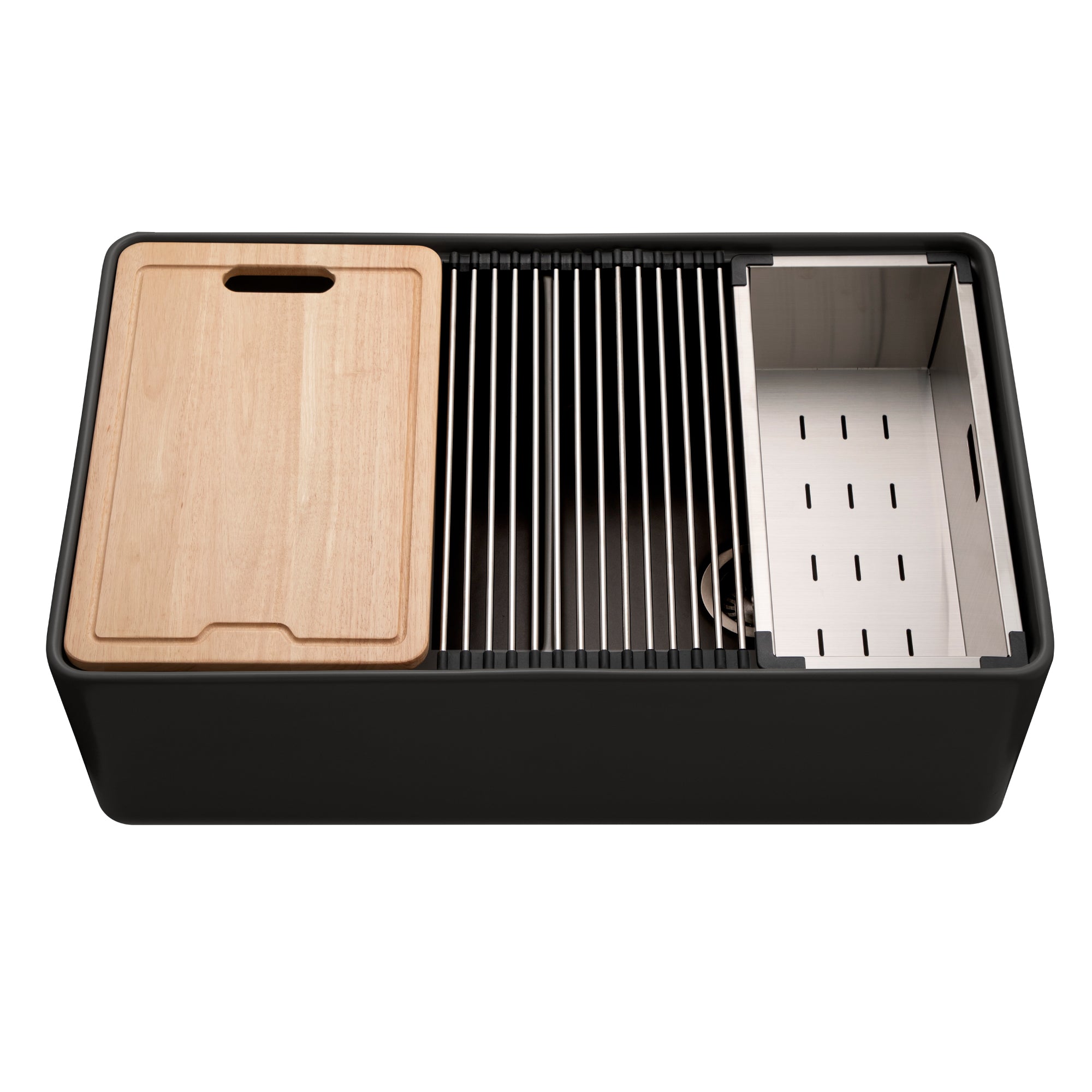 Houzer Aspire 33" Fireclay Farmhouse Apron Front 50/50 Double Bowl Workstation Sink with Accessories